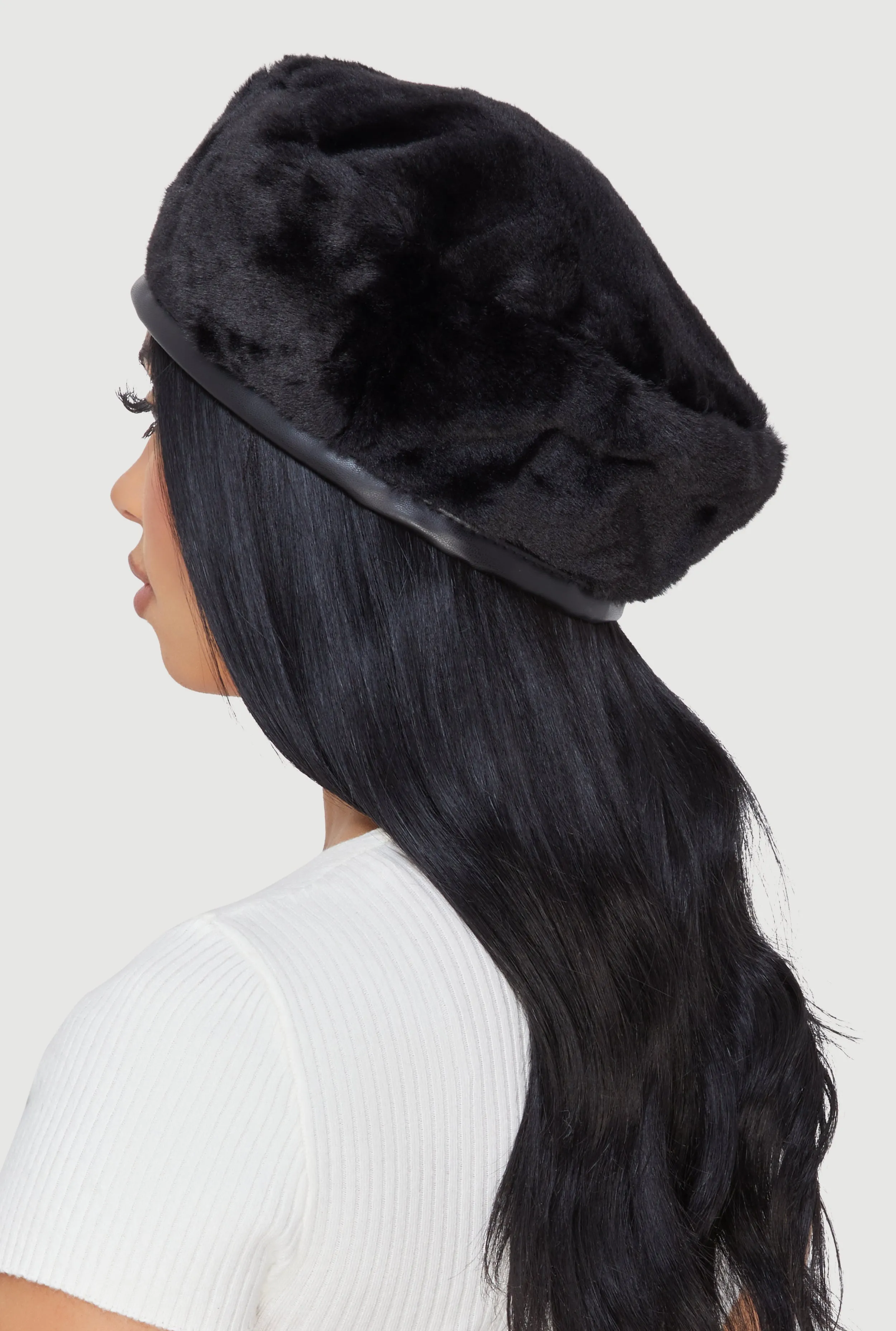 Faux Fur Beret with Faux Leather Trim sold by Rainbow product image thumbnail 3
