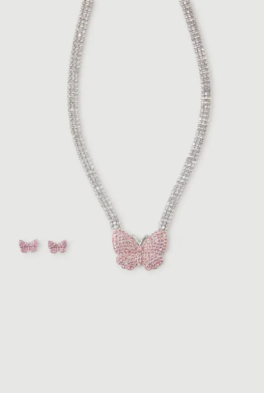 Cubic Zirconia Butterfly Necklace and Butterfly Earrings Set sold by Rainbow