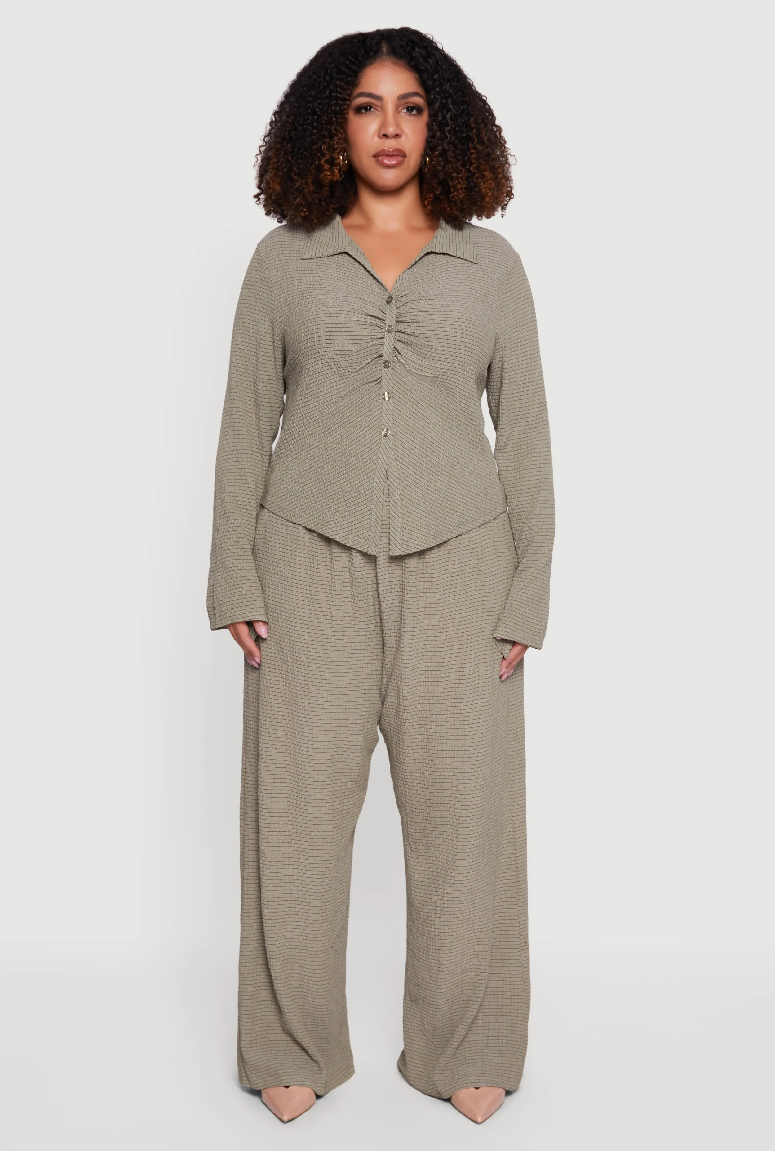 Plus Size Striped Seersucker Wide Leg Pull On Pants sold by Rainbow
