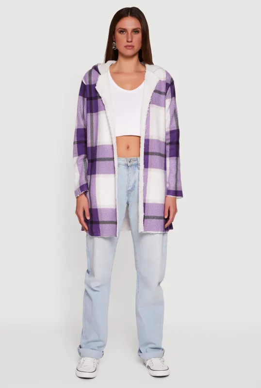 Plaid Patterned Hooded Open Front Sherpa Jacket sold by Rainbow