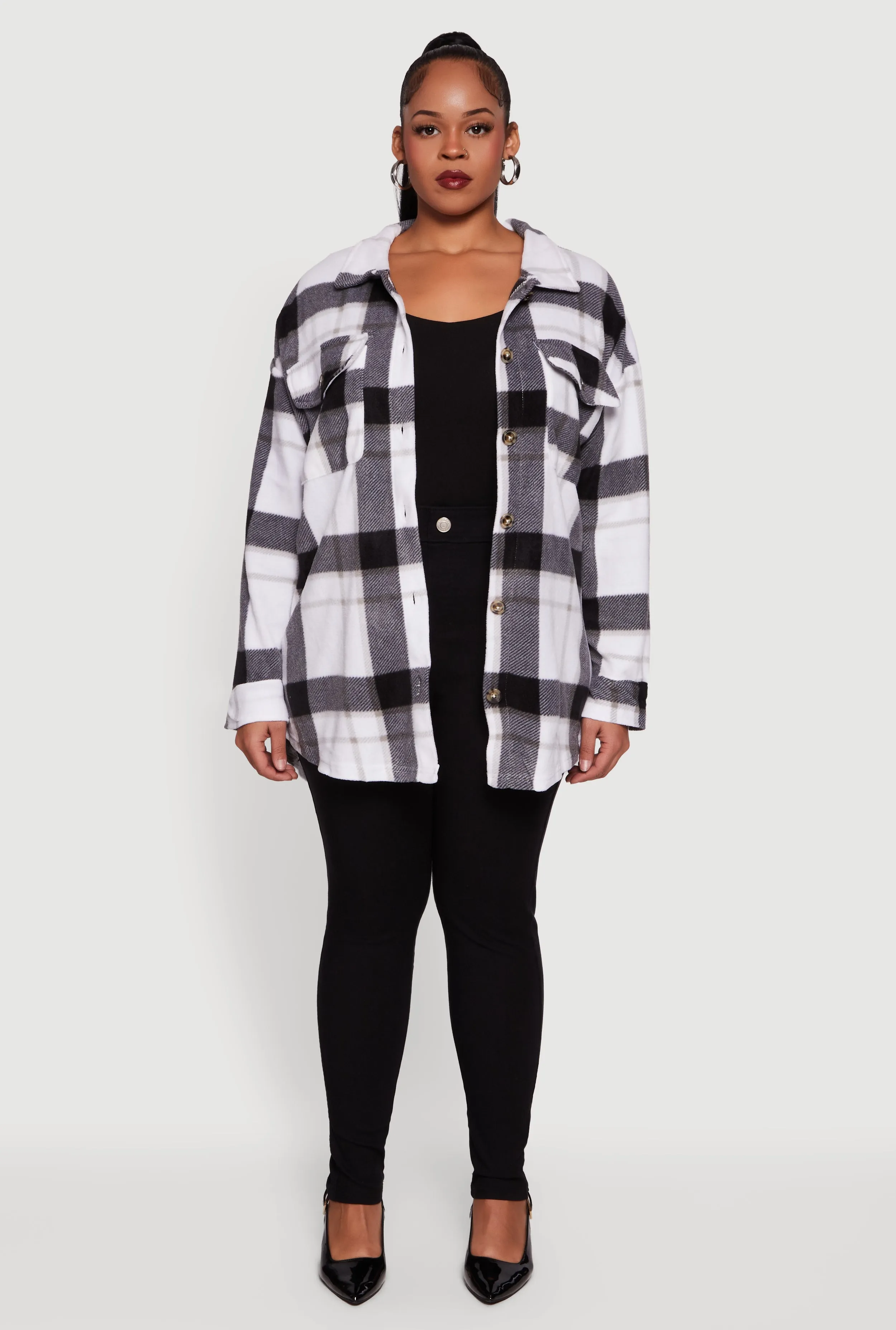 Plus Size Collared Button Front Plaid Tunic Shirt sold by Rainbow