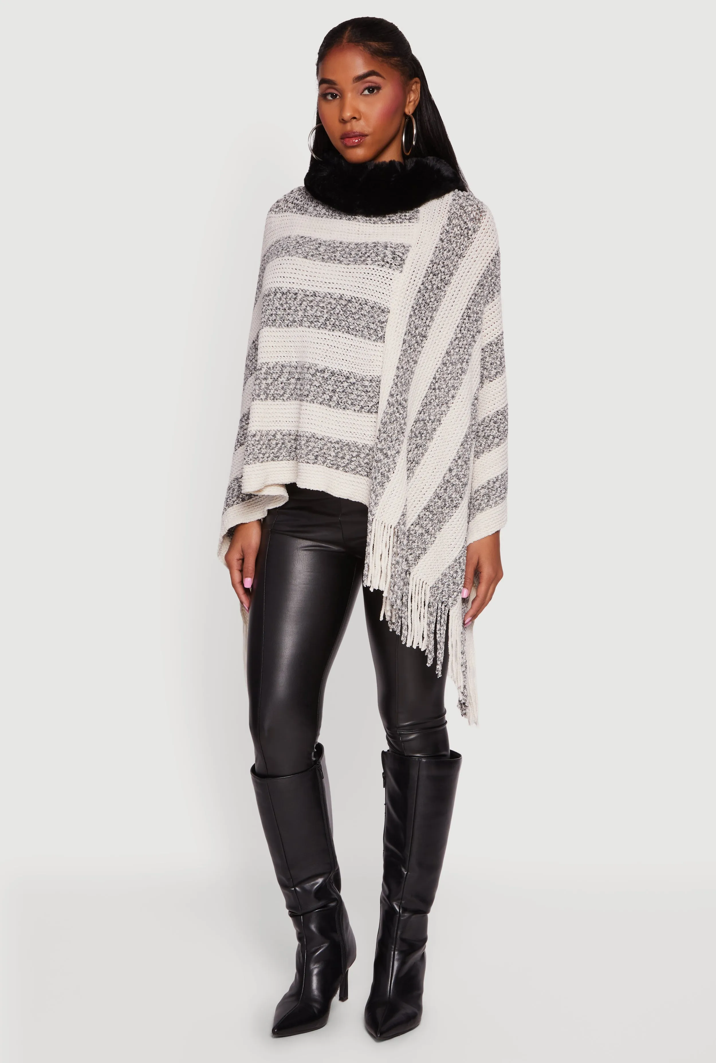 Faux Fur Trim Fringe Hem Striped Poncho sold by Rainbow