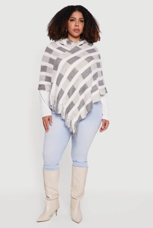 Hooded Fringe Hem Knit Poncho sold by Rainbow