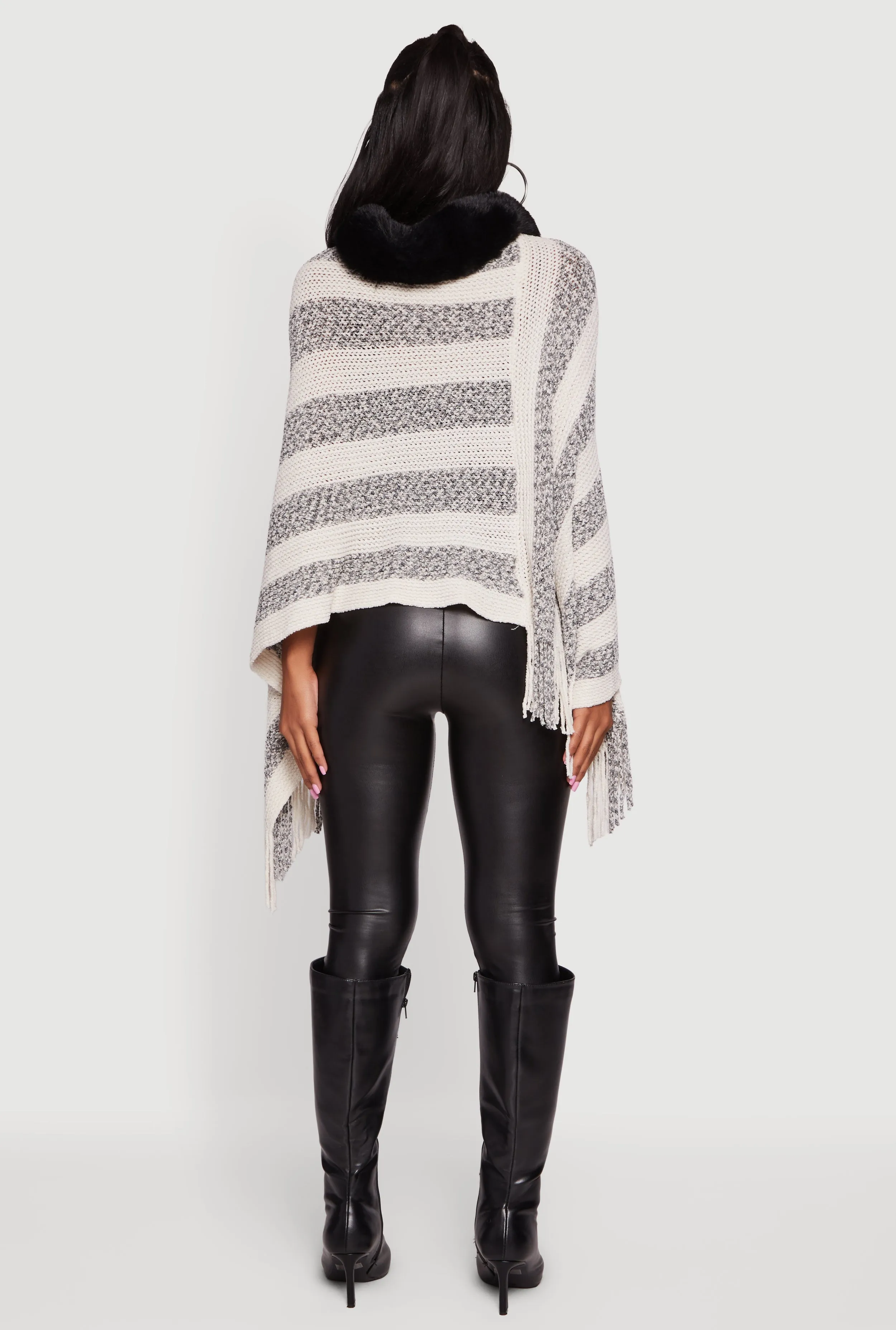 Faux Fur Trim Fringe Hem Striped Poncho sold by Rainbow product image thumbnail 5