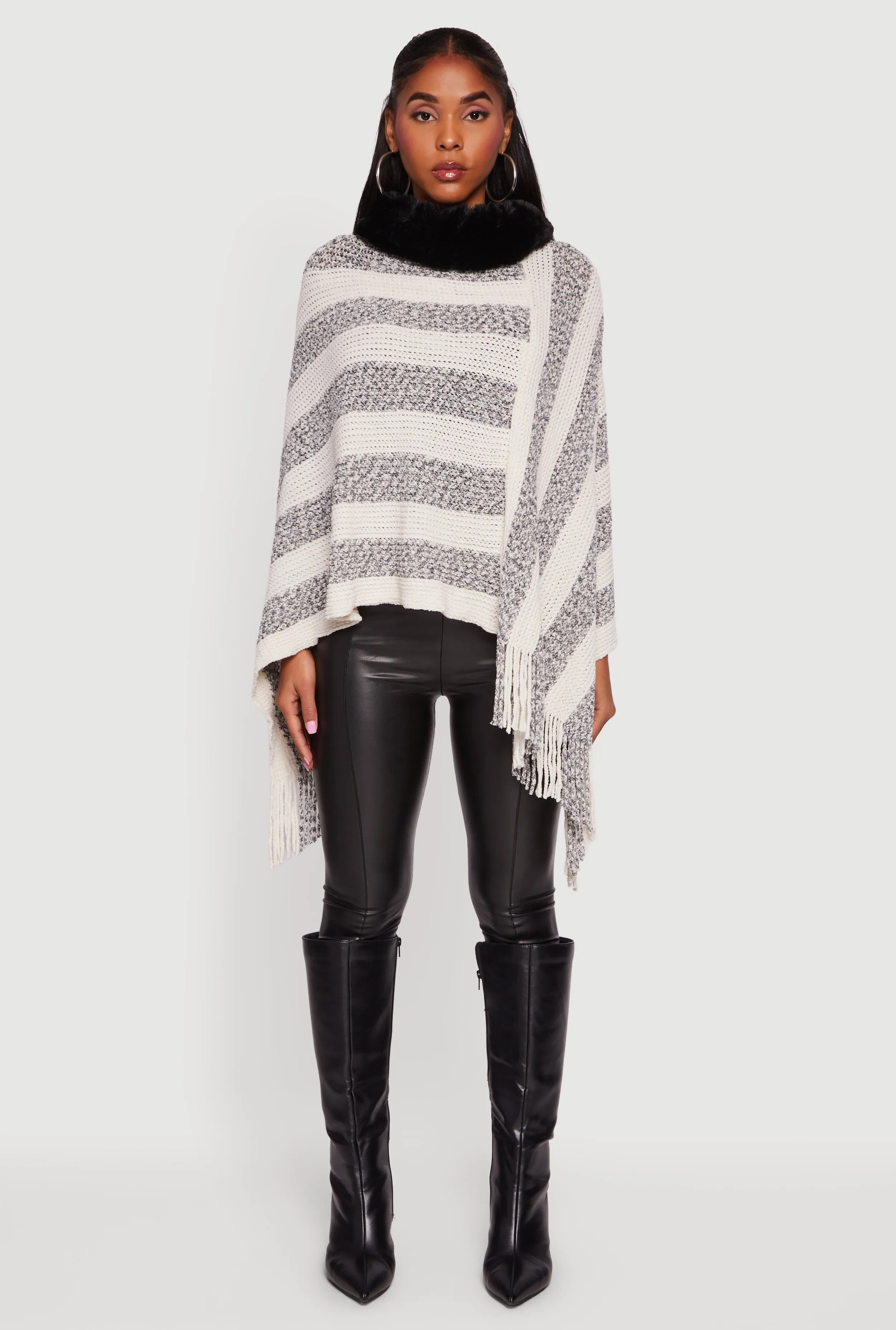 Faux Fur Trim Fringe Hem Striped Poncho sold by Rainbow product image thumbnail 2