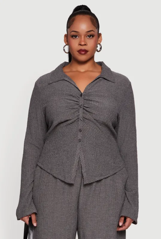 Plus Size Textured Knit Ruched Button Front Shirt sold by Rainbow