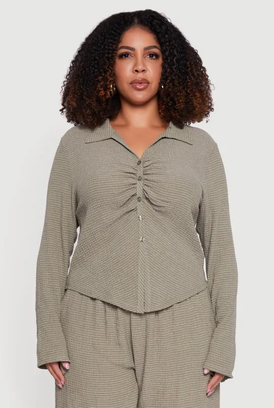 Plus Size Textured Knit Ruched Button Front Shirt sold by Rainbow