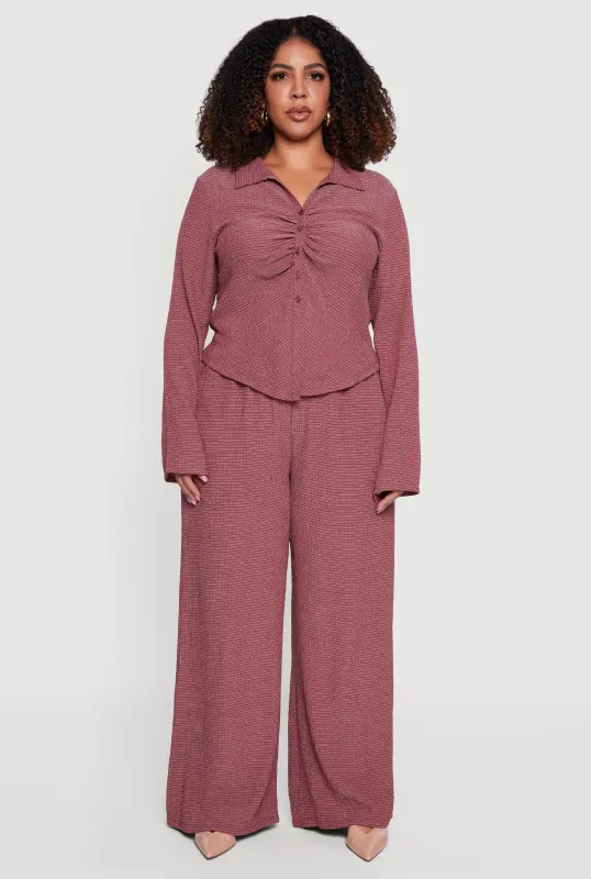 Plus Size Textured Knit Ruched Button Front Shirt sold by Rainbow