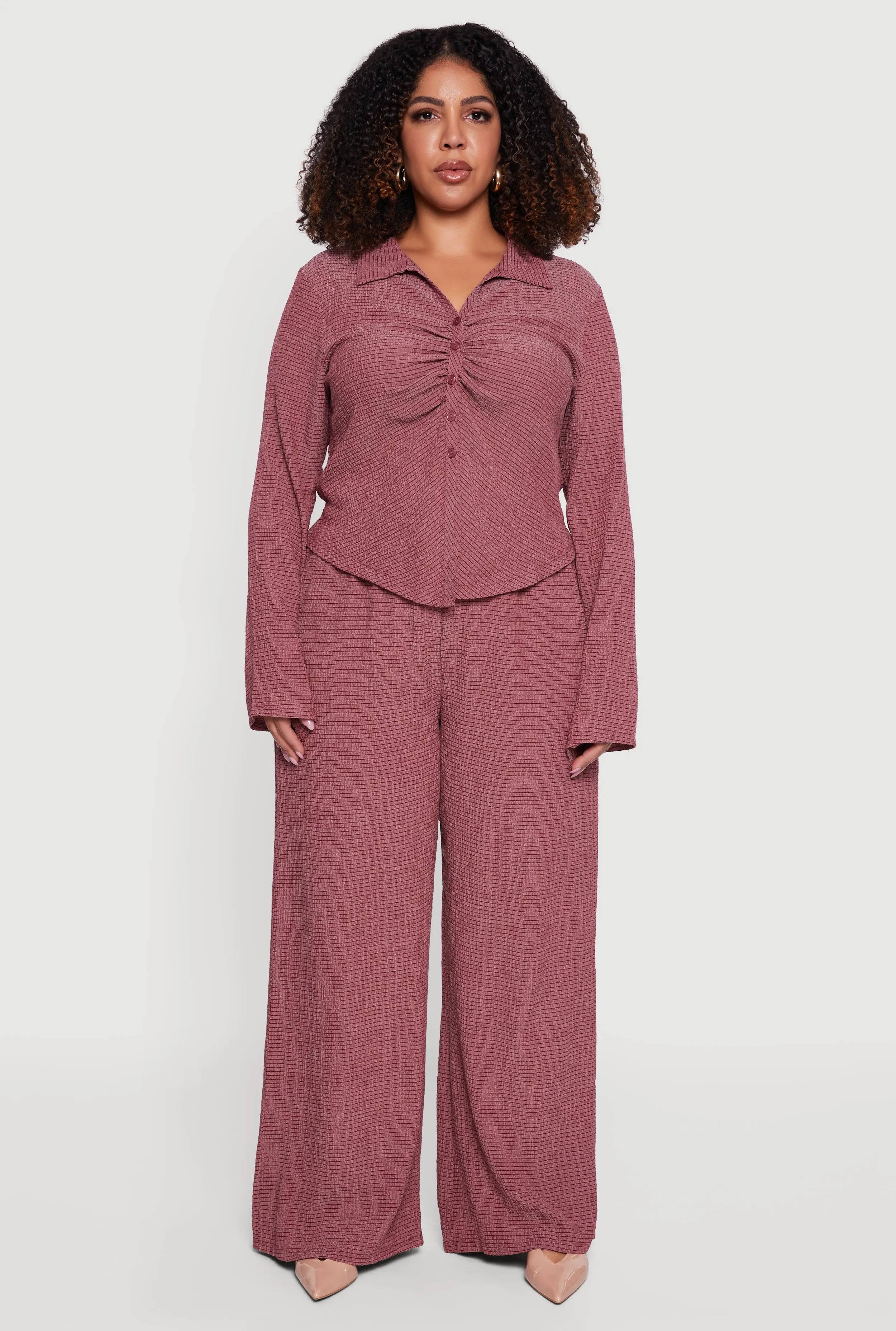 Plus Size Textured Knit Ruched Button Front Shirt sold by Rainbow