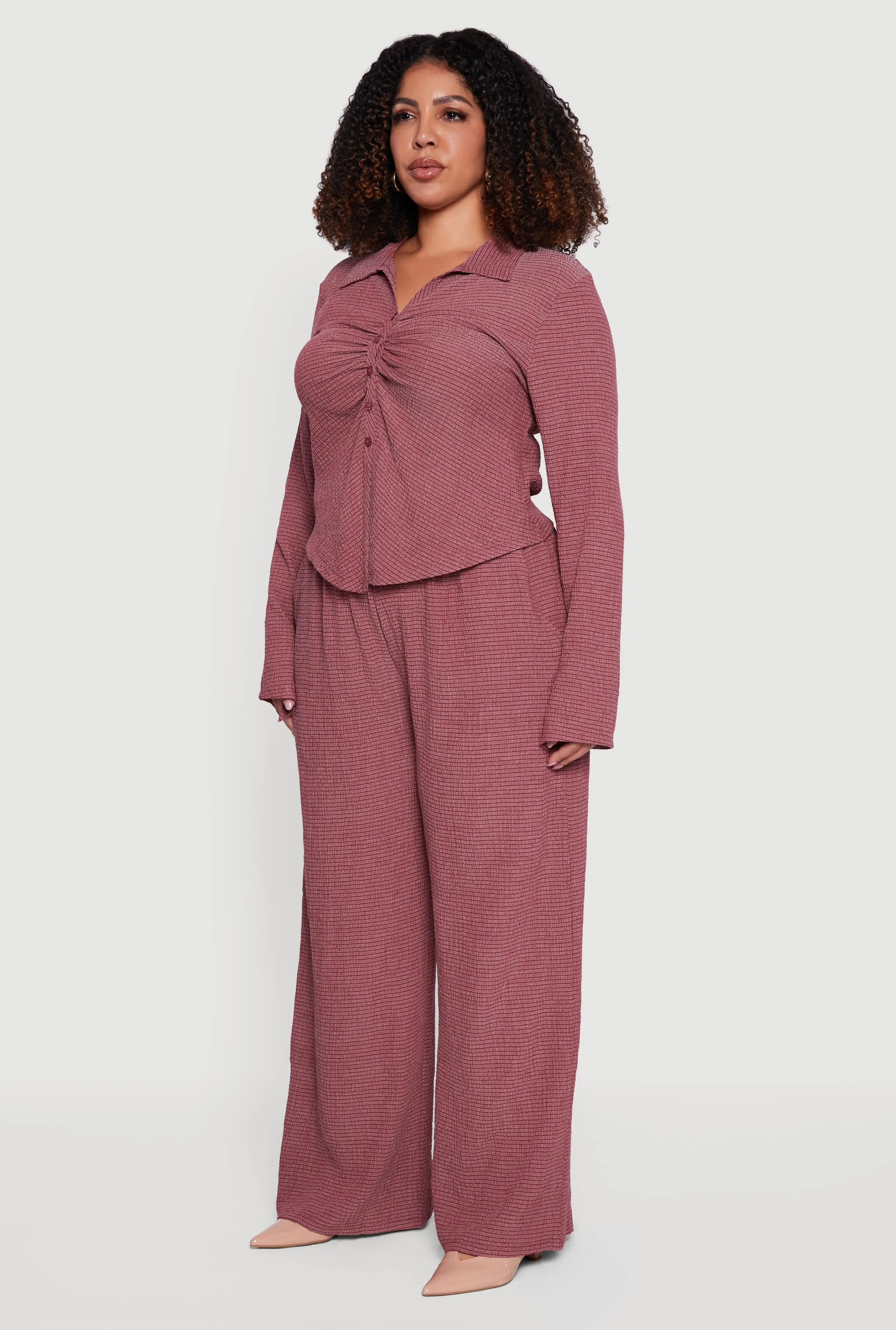 Plus Size Textured Knit Ruched Button Front Shirt sold by Rainbow product image thumbnail 5