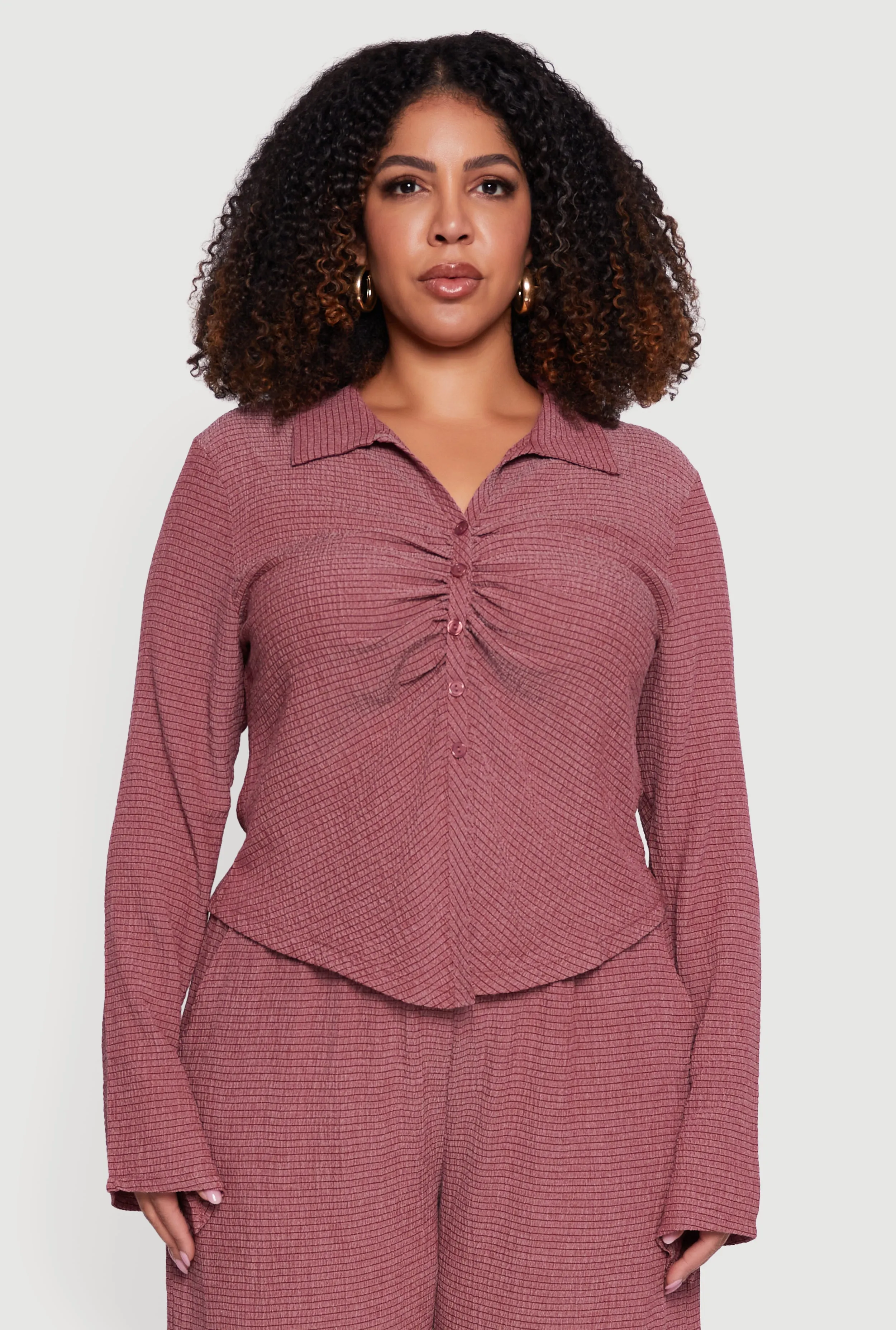 Plus Size Textured Knit Ruched Button Front Shirt sold by Rainbow product image thumbnail 2