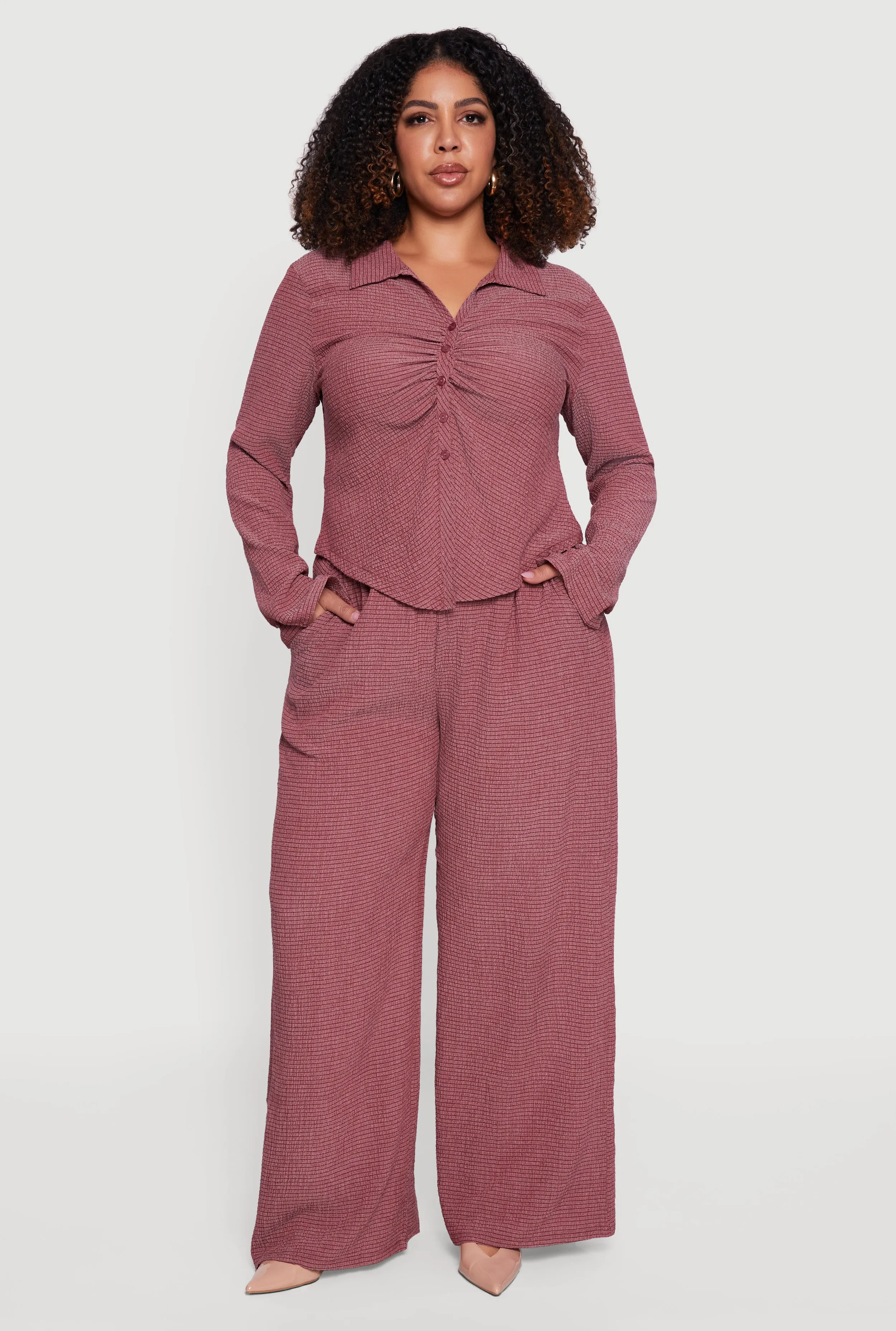 Plus Size Textured Knit Ruched Button Front Shirt sold by Rainbow product image thumbnail 3