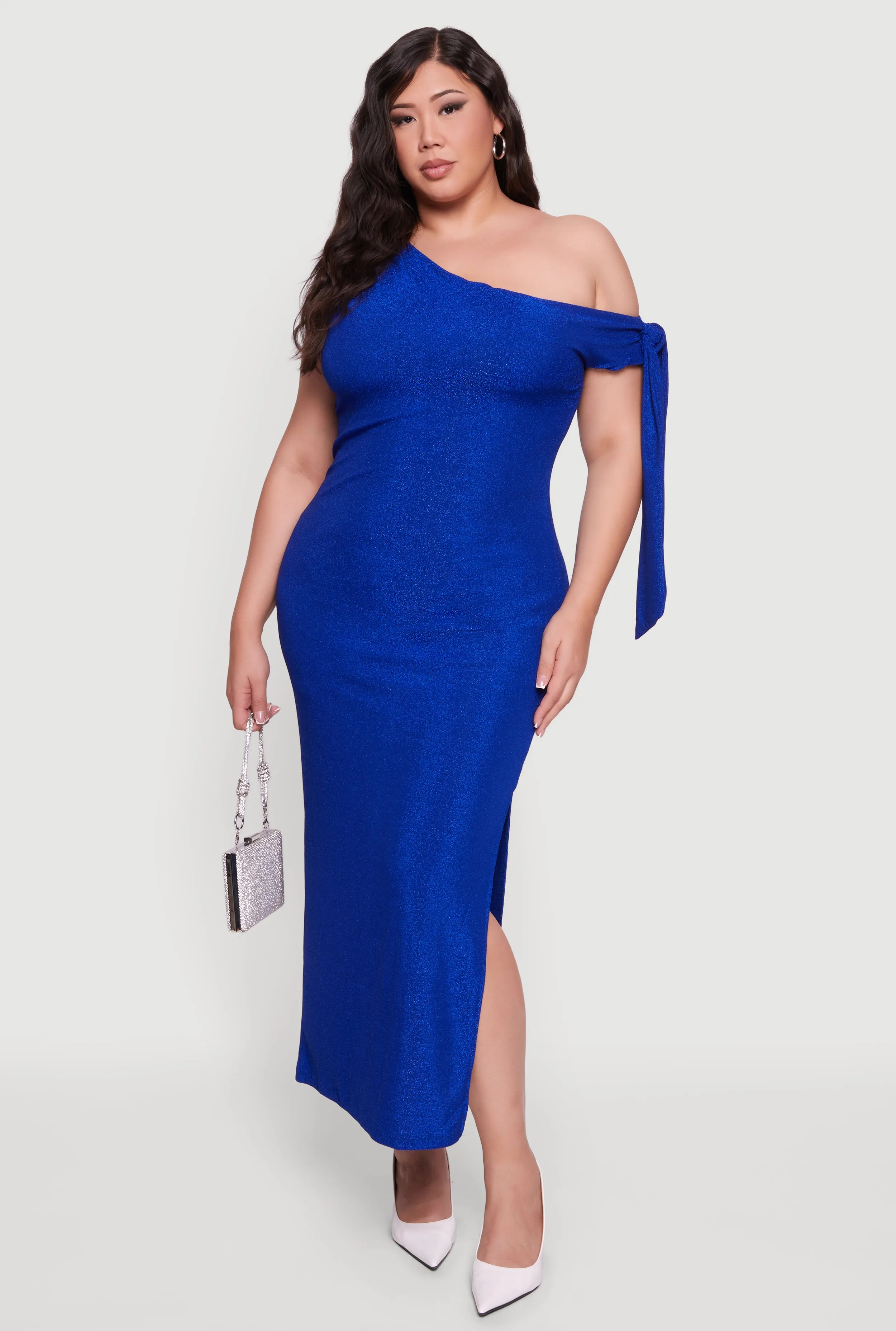 Plus Size One Shoulder Lurex Maxi Dress with Side Slit sold by Rainbow