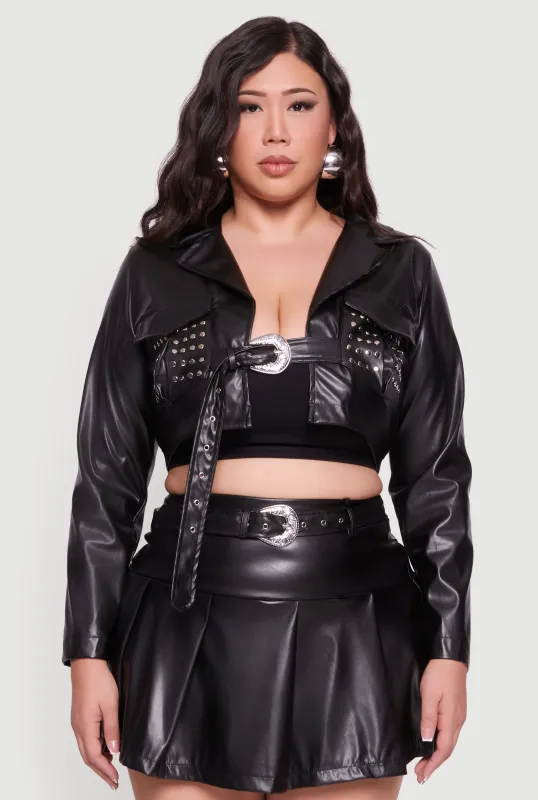 Plus Size Cropped Faux Leather Belted Front Studded Jacket sold by Rainbow