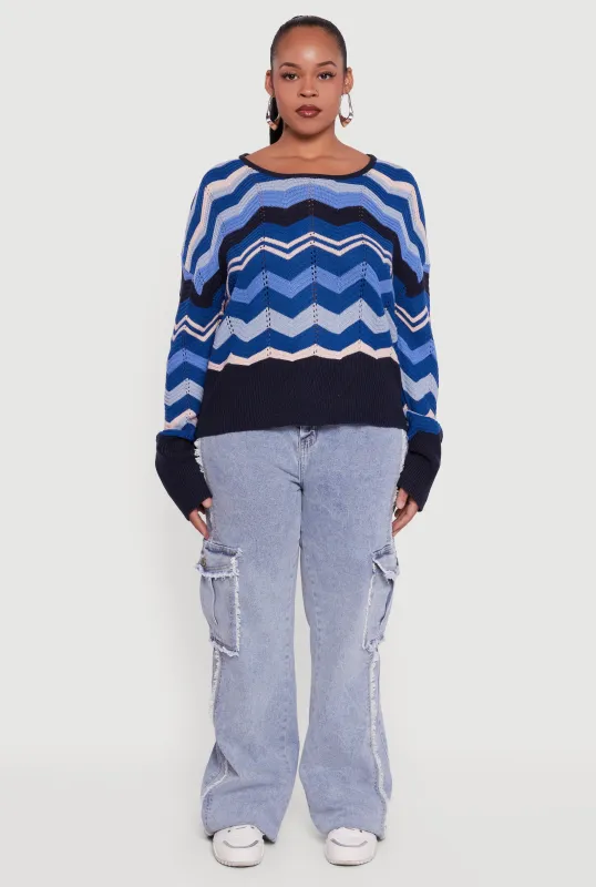 Plus Size Chevron Patterned Caged Back Sweater sold by Rainbow