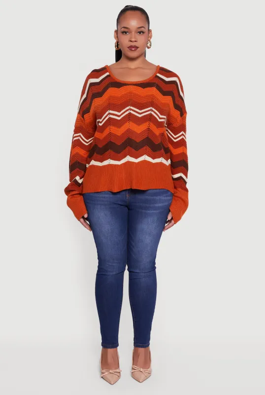 Plus Size Chevron Patterned Caged Back Sweater sold by Rainbow