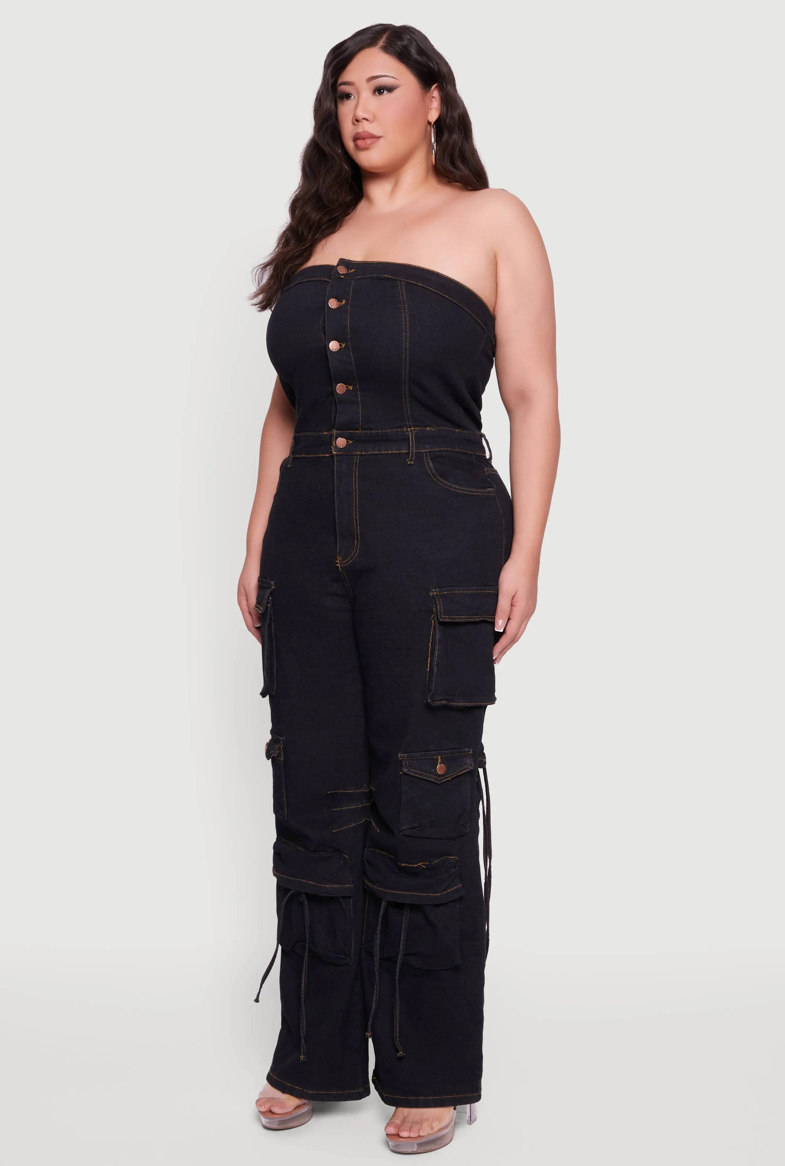Plus Size Button Front Denim Tube Jumpsuit sold by Rainbow product image thumbnail 3