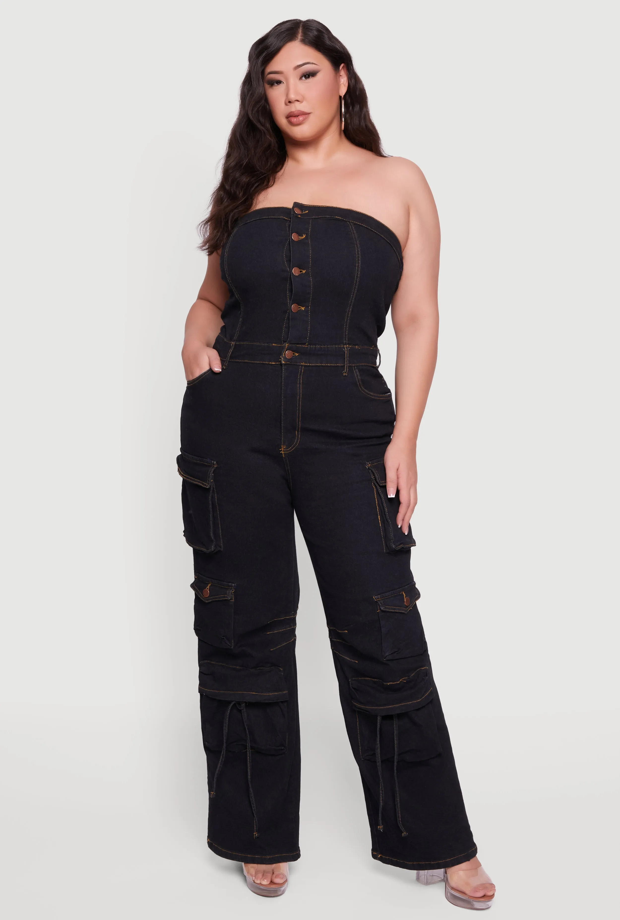 Plus Size Button Front Denim Tube Jumpsuit sold by Rainbow