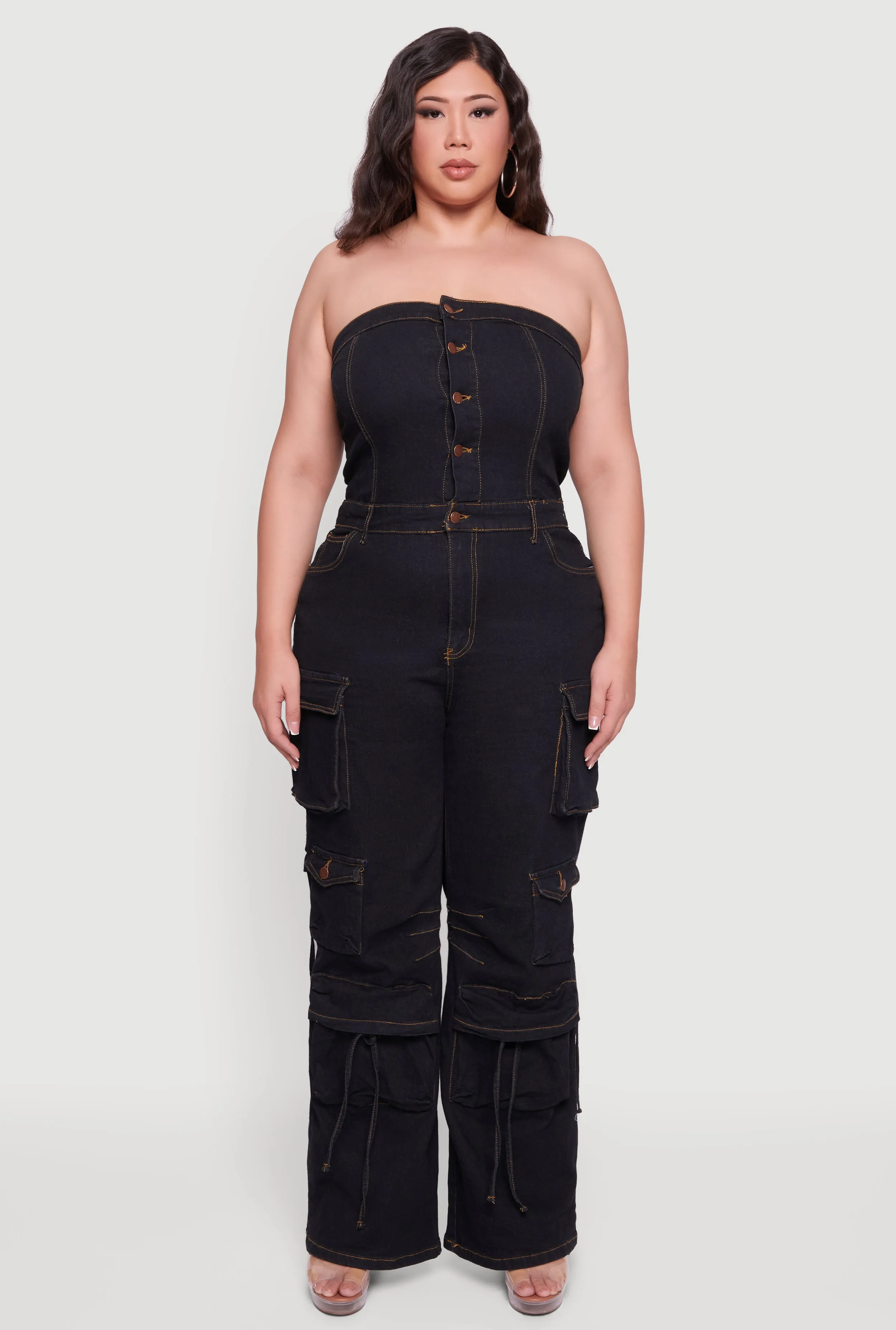 Plus Size Button Front Denim Tube Jumpsuit sold by Rainbow product image thumbnail 2