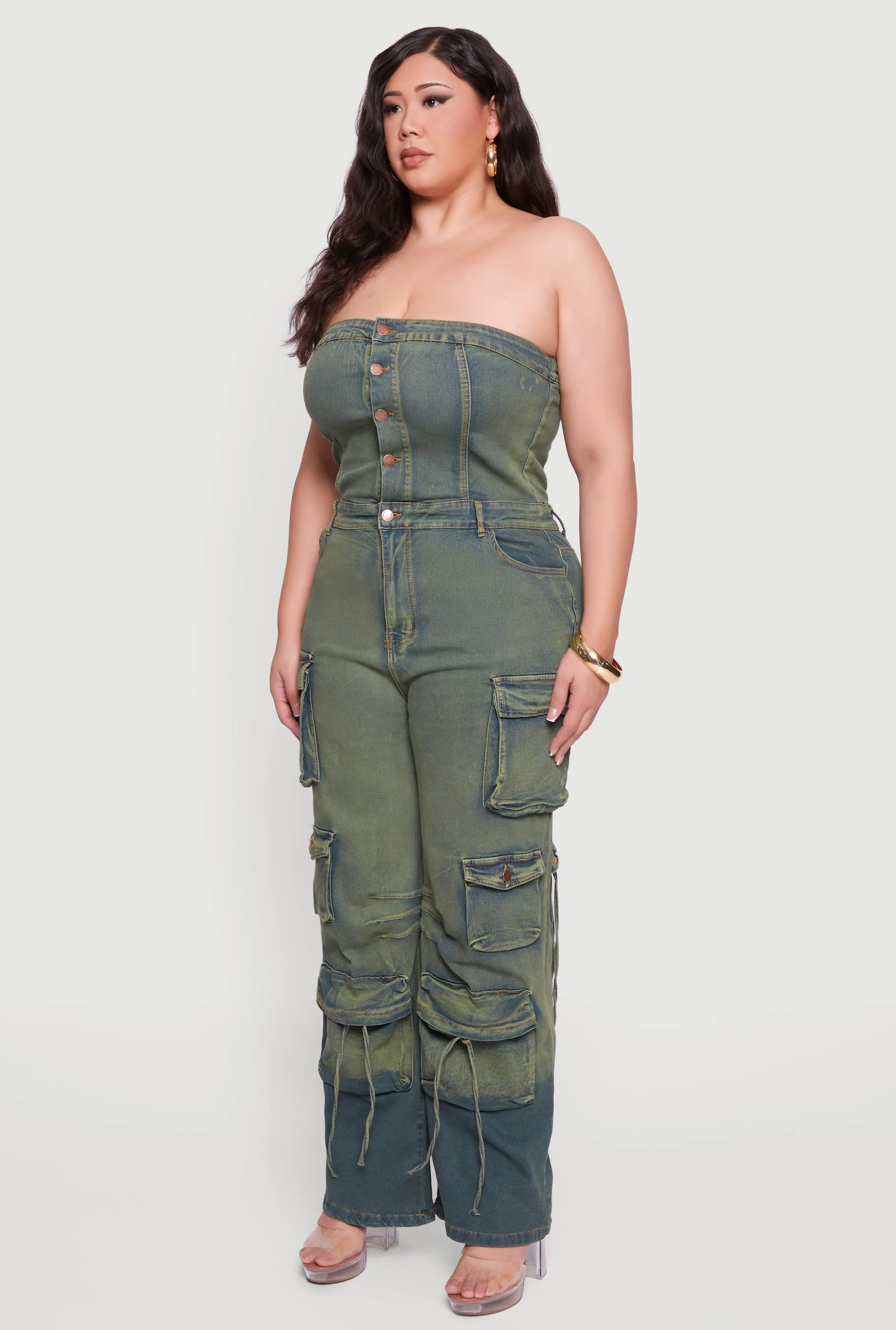 Plus Size Button Front Denim Tube Jumpsuit sold by Rainbow product image thumbnail 3