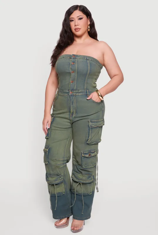 Plus Size Button Front Denim Tube Jumpsuit sold by Rainbow