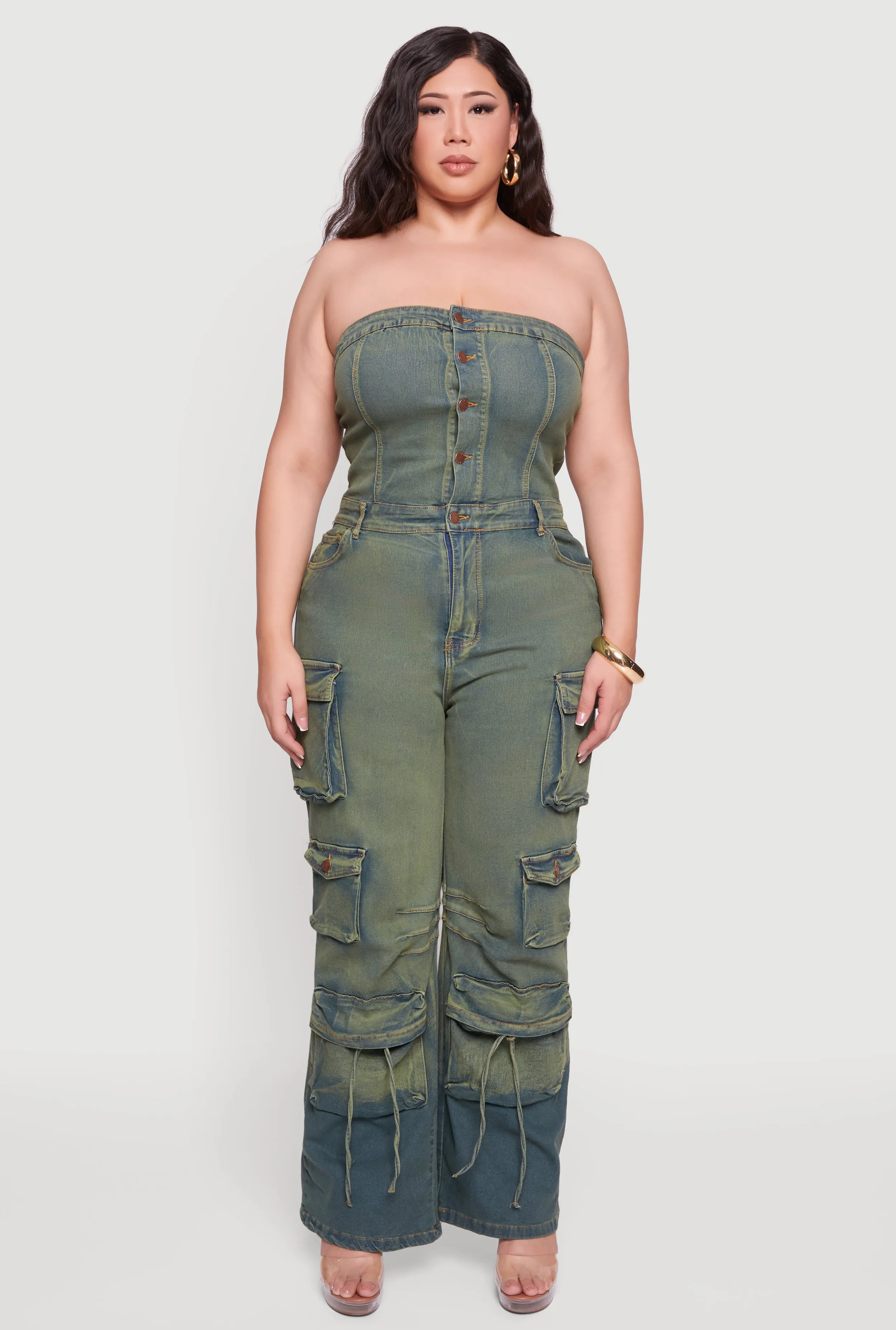 Plus Size Button Front Denim Tube Jumpsuit sold by Rainbow product image thumbnail 2