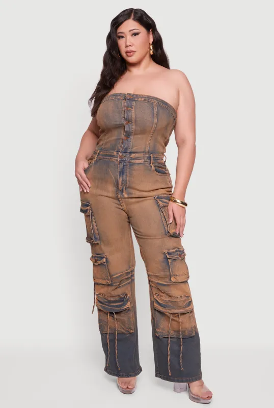 Plus Size Button Front Denim Tube Jumpsuit sold by Rainbow