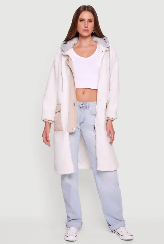 Snap Button Zip Front Sherpa Coat with Removable Hood sold by Rainbow