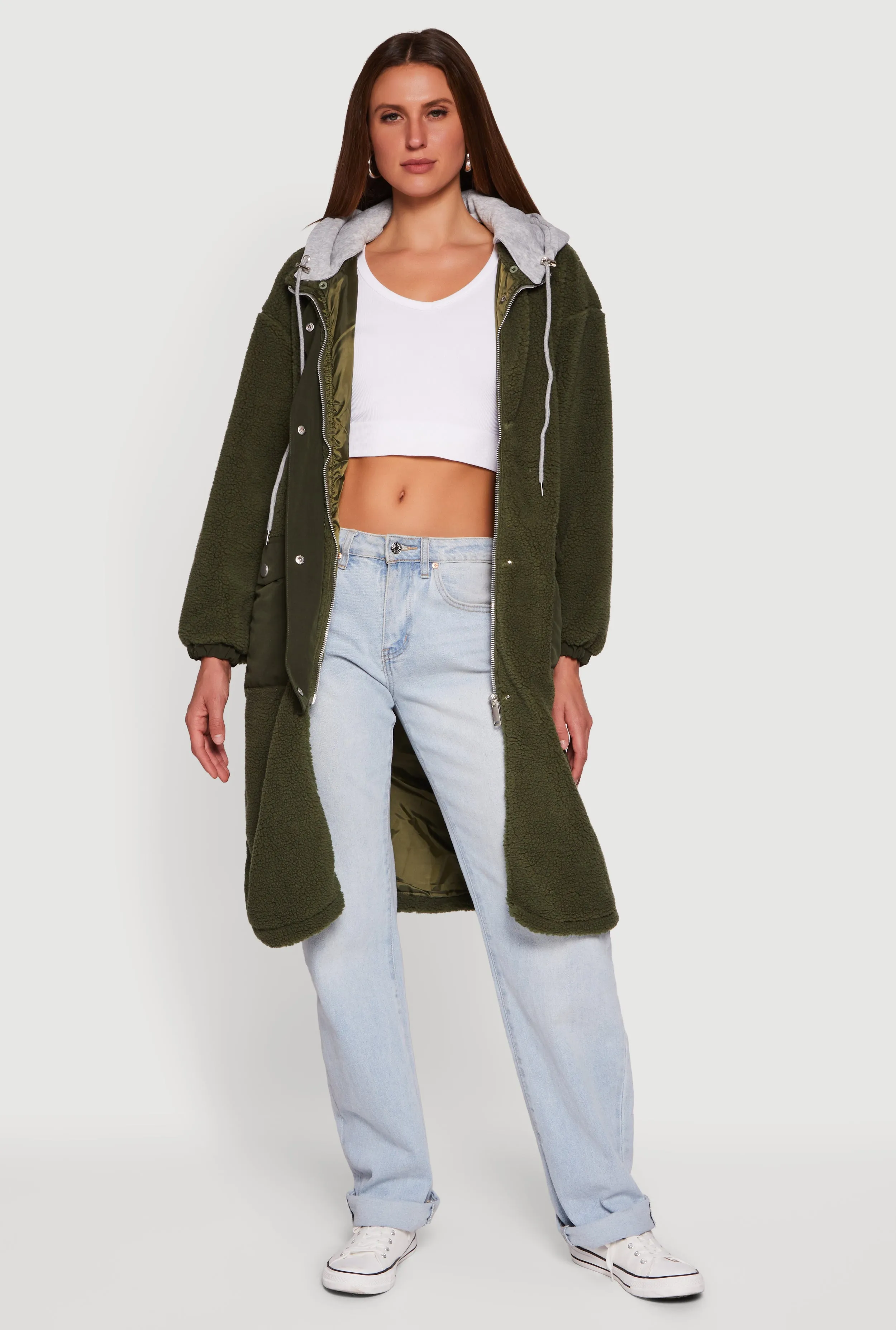 Snap Button Zip Front Sherpa Coat with Removable Hood sold by Rainbow product image thumbnail 2