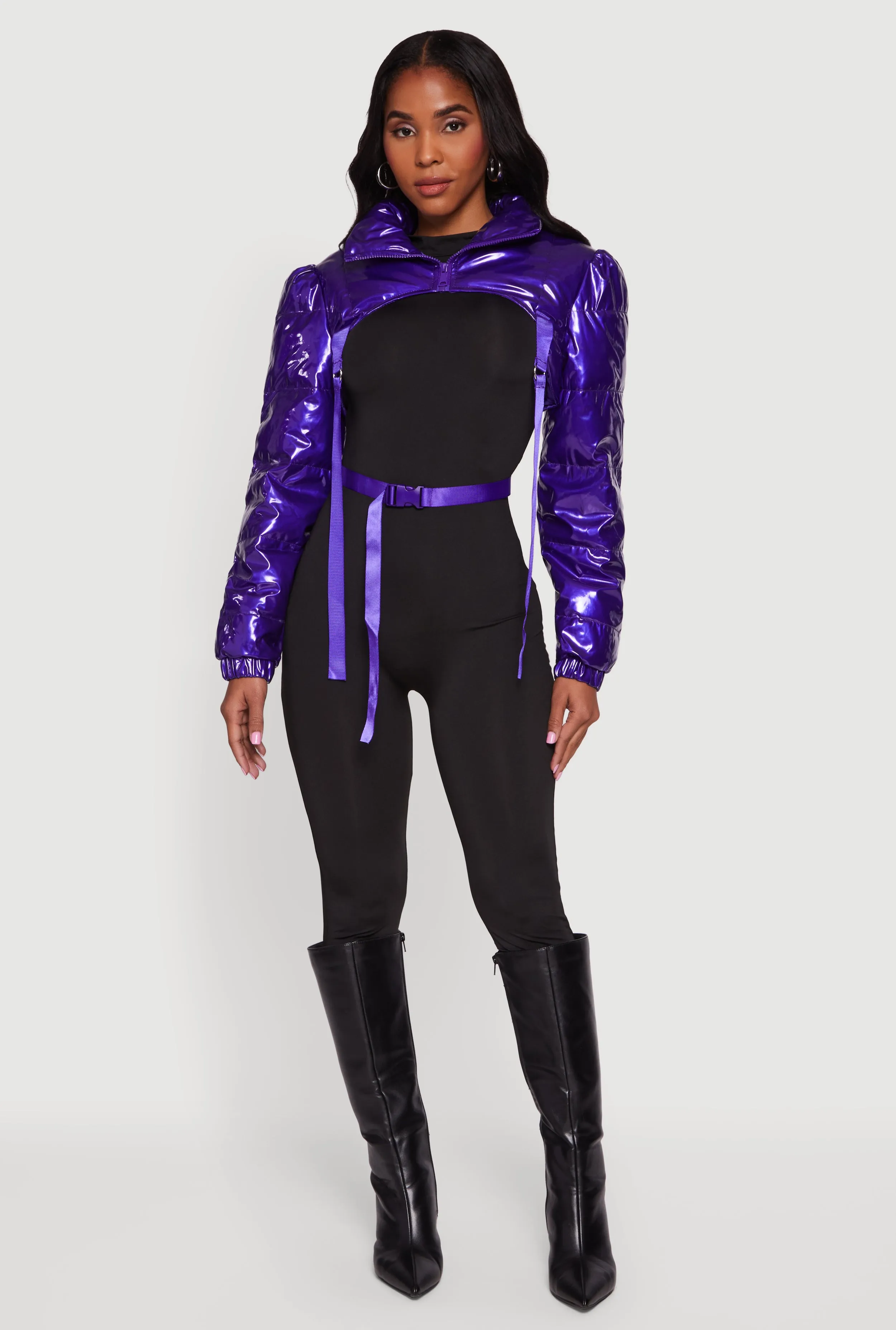 Trendy Faux Leather Buckle Detail Bolero Puffer Jacket sold by Rainbow product image thumbnail 2