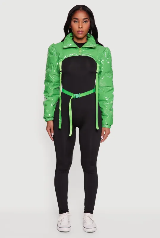 Trendy Faux Leather Buckle Detail Bolero Puffer Jacket sold by Rainbow