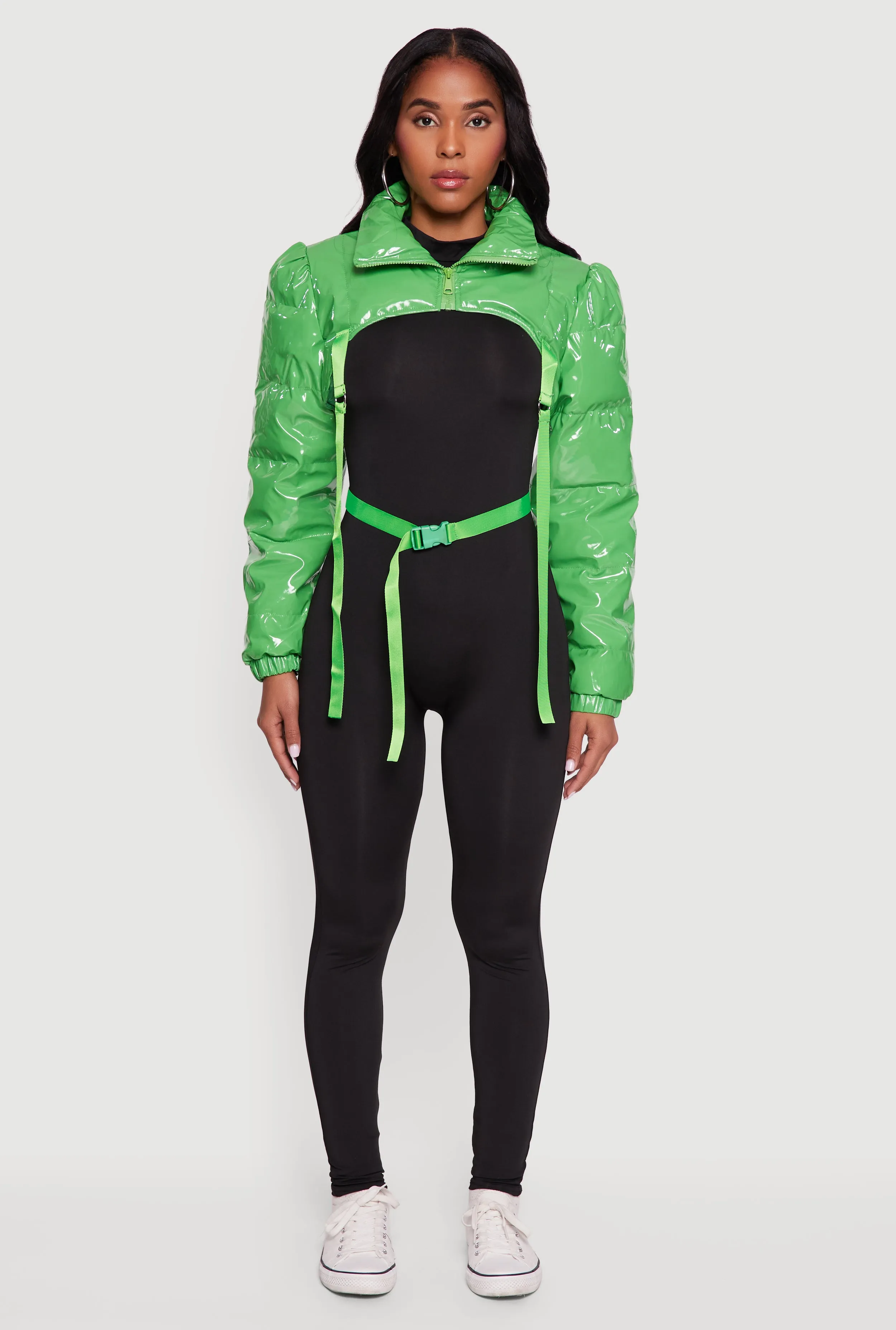 Trendy Faux Leather Buckle Detail Bolero Puffer Jacket sold by Rainbow