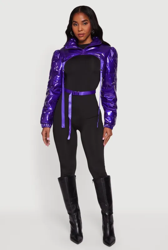 Trendy Faux Leather Buckle Detail Bolero Puffer Jacket sold by Rainbow