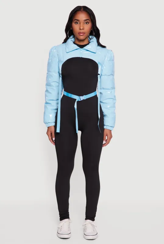 Trendy Faux Leather Buckle Detail Bolero Puffer Jacket sold by Rainbow