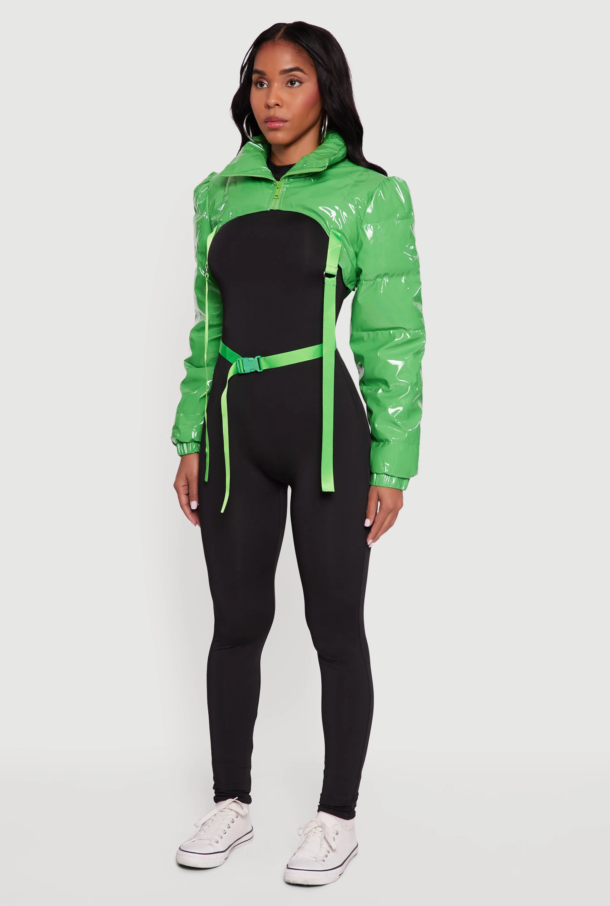 Trendy Faux Leather Buckle Detail Bolero Puffer Jacket sold by Rainbow product image thumbnail 5