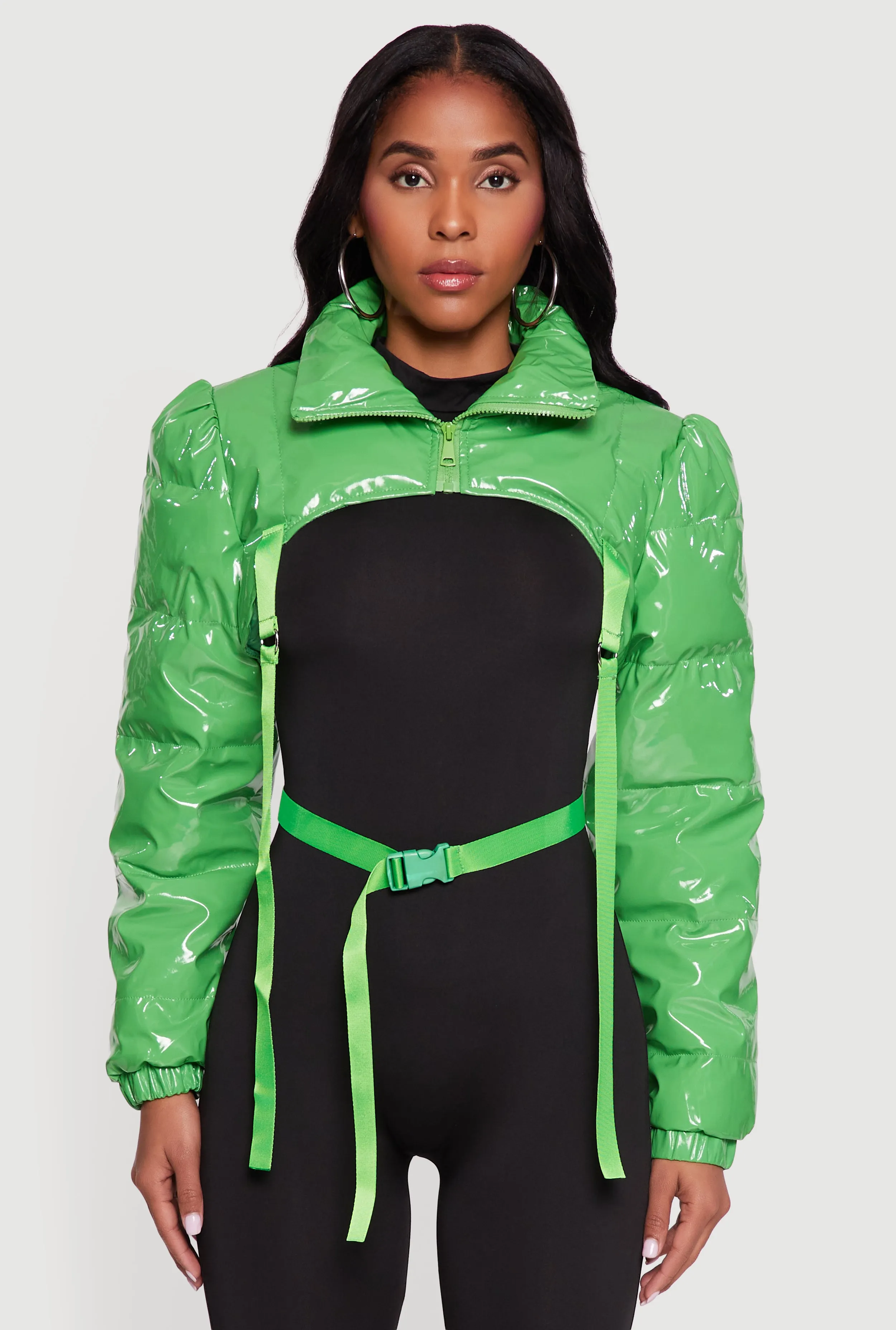 Trendy Faux Leather Buckle Detail Bolero Puffer Jacket sold by Rainbow product image thumbnail 2