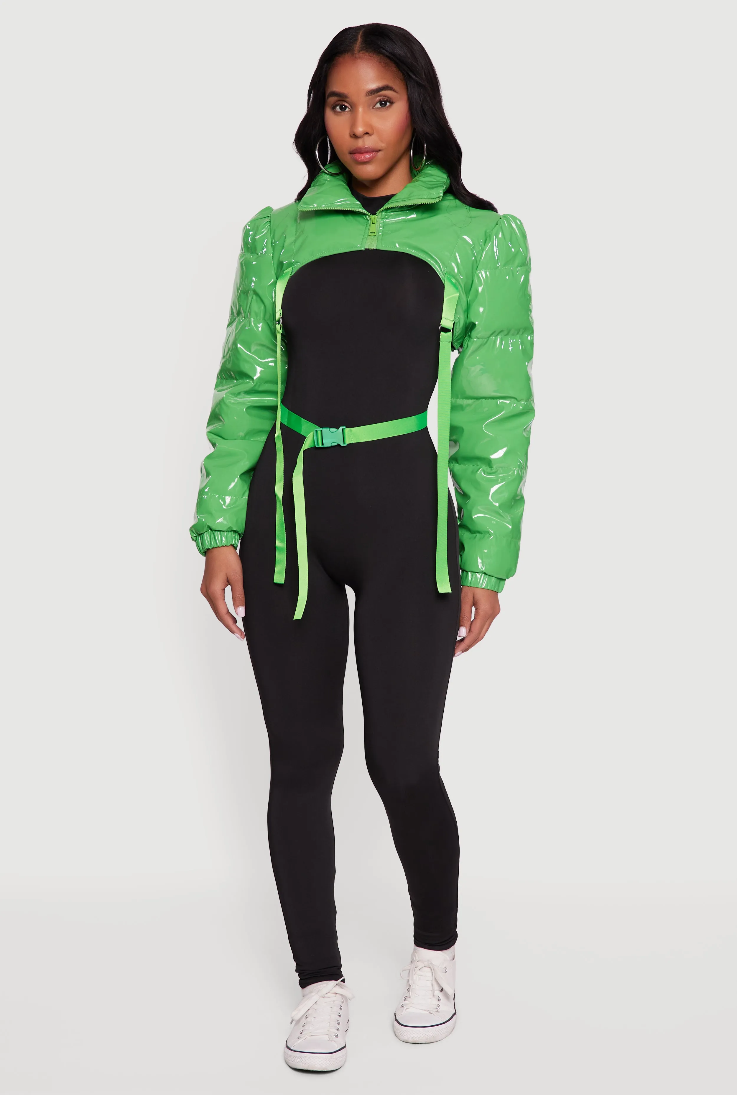 Trendy Faux Leather Buckle Detail Bolero Puffer Jacket sold by Rainbow product image thumbnail 3