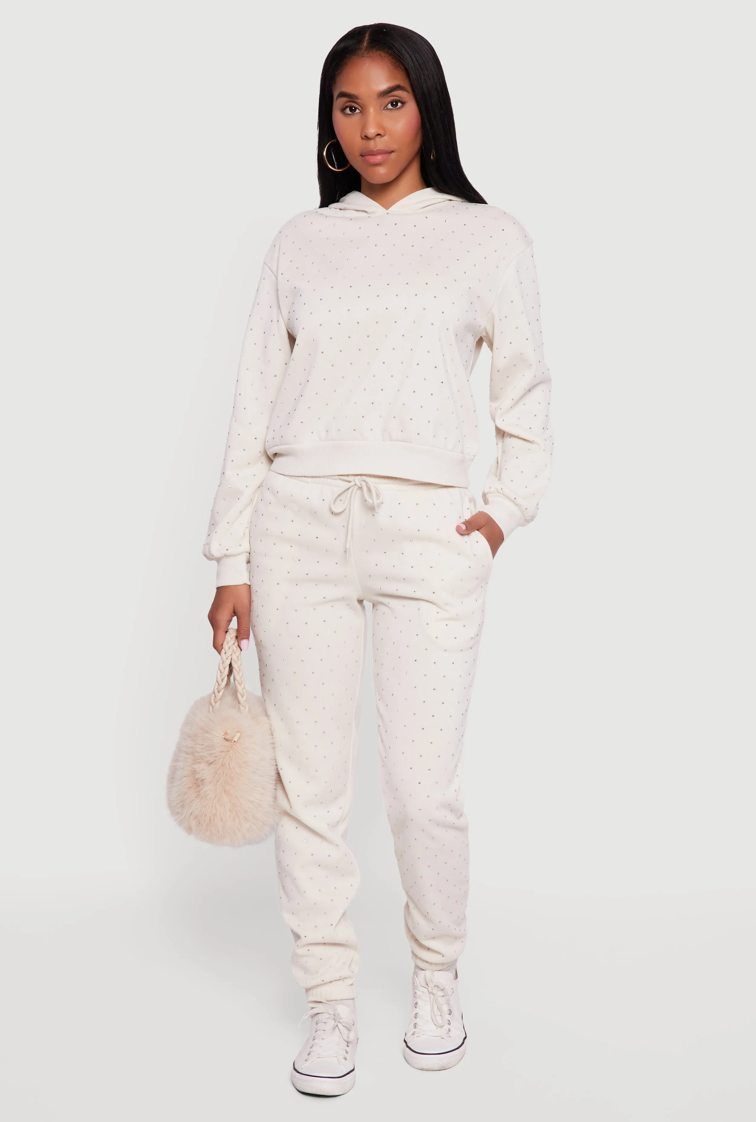 Almost Famous Rhinestone Studded Fleece Sweatpants sold by Rainbow