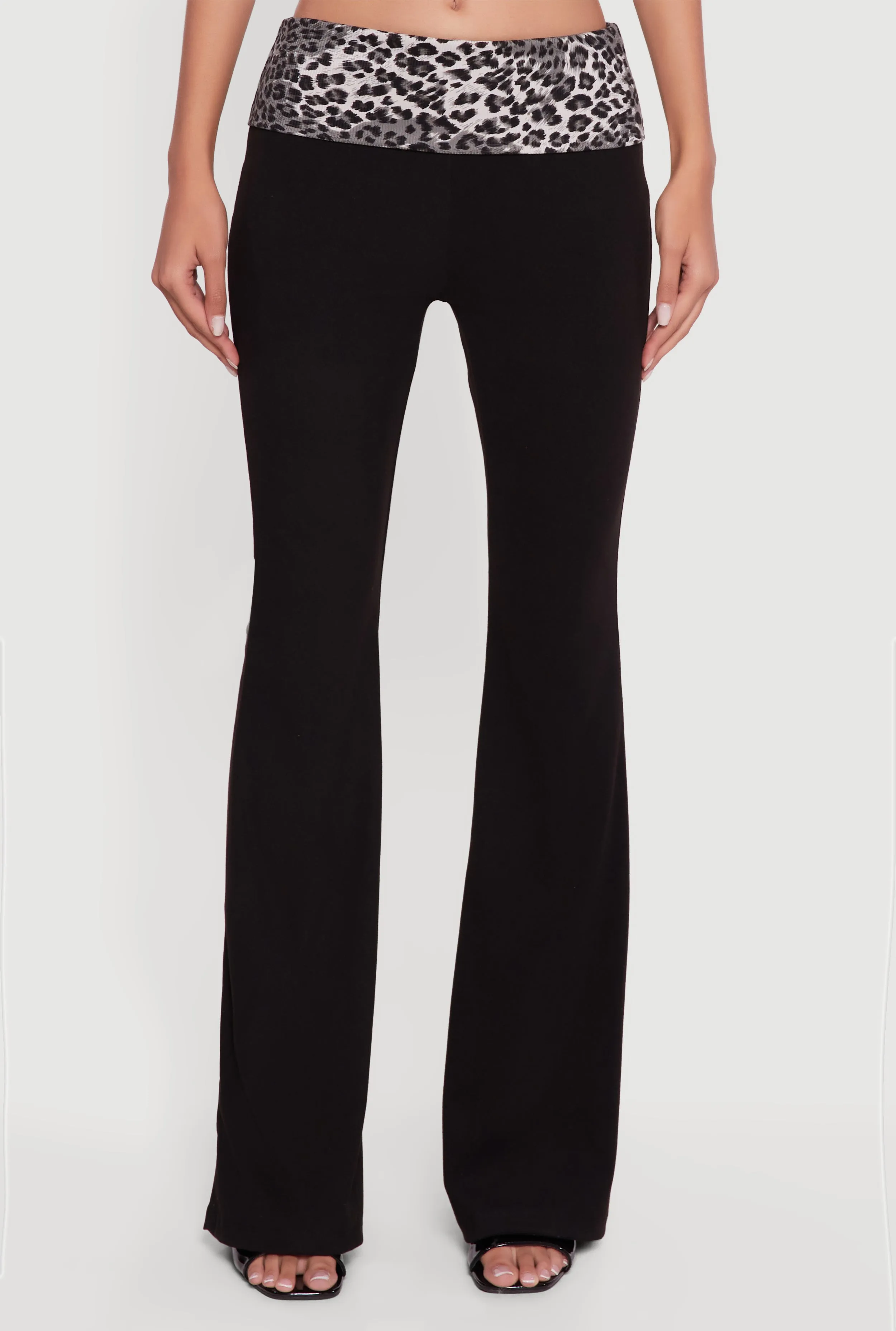 Trendy Leopard Print Fold Over Rib Knit Flare Leg Pants sold by Rainbow product image thumbnail 3