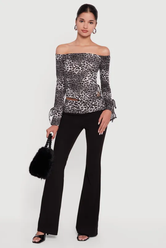 Trendy Leopard Print Fold Over Rib Knit Flare Leg Pants sold by Rainbow