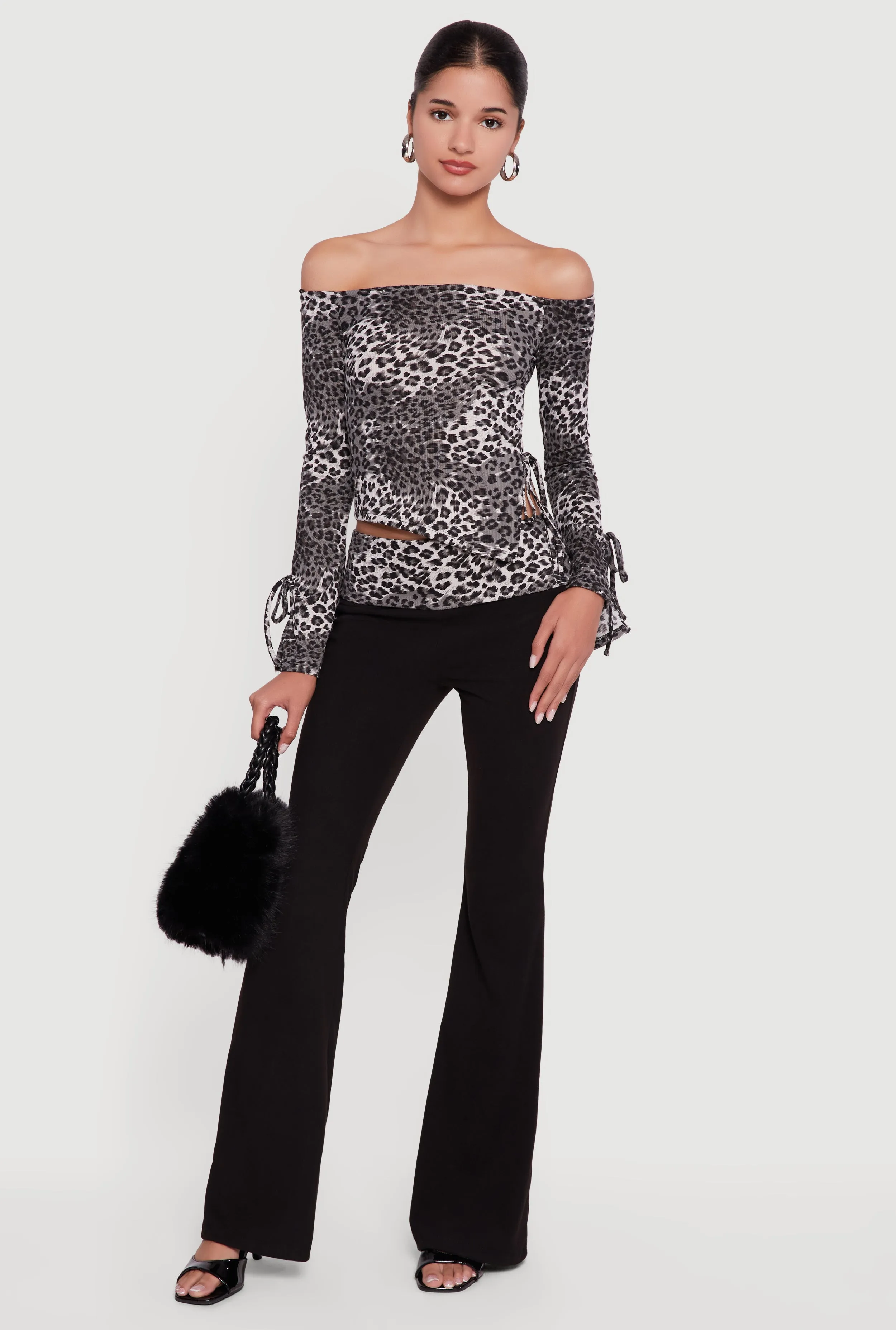 Trendy Leopard Print Fold Over Rib Knit Flare Leg Pants sold by Rainbow