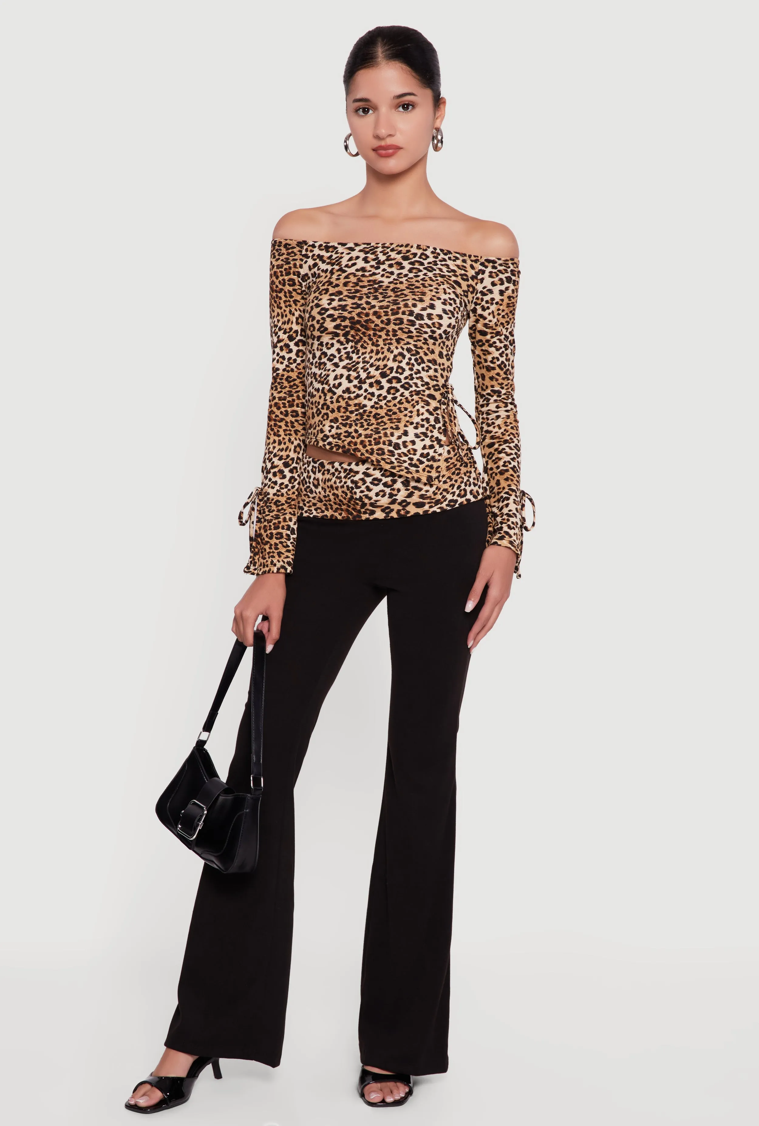 Trendy Leopard Print Fold Over Rib Knit Flare Leg Pants sold by Rainbow product image thumbnail 2