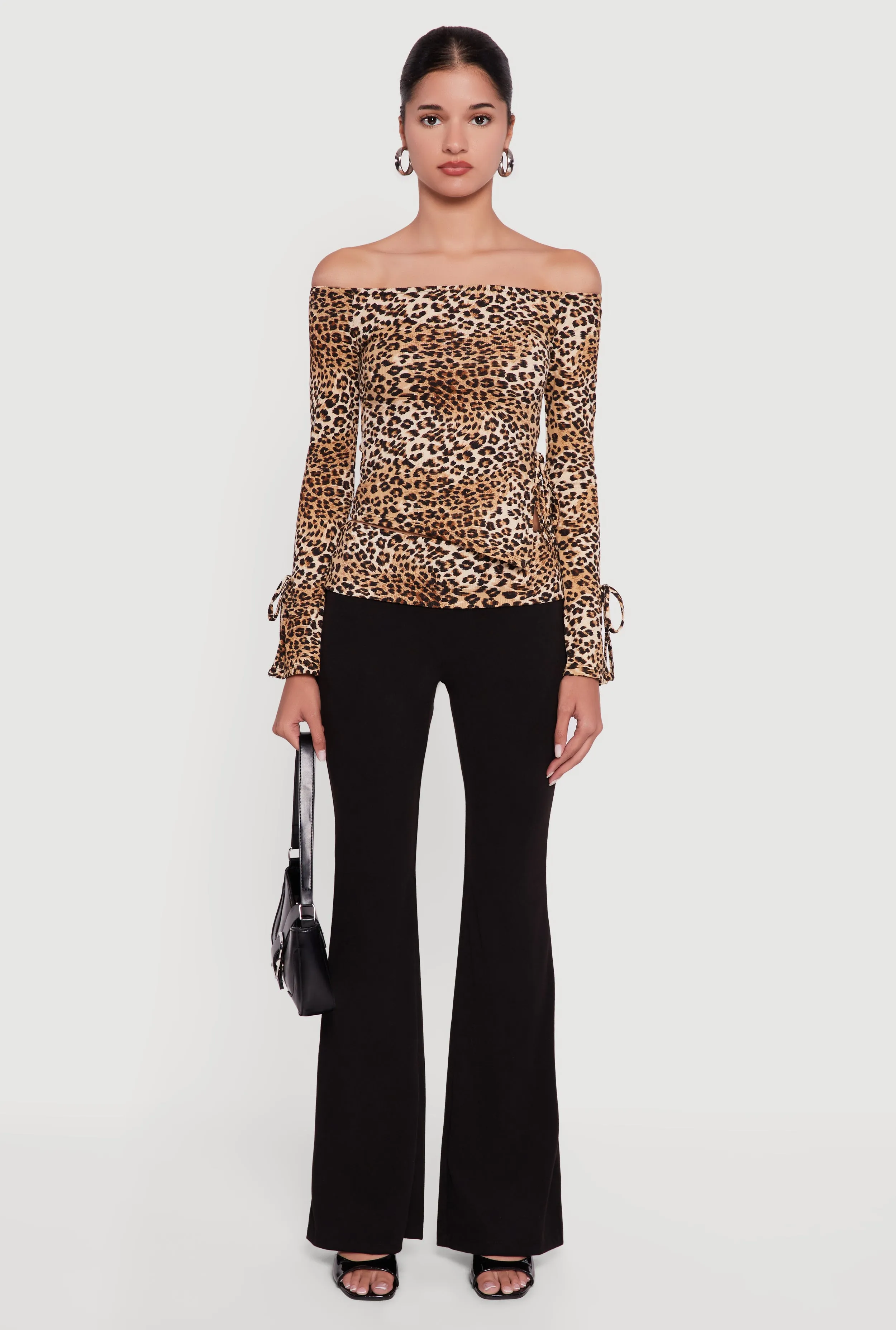 Trendy Leopard Print Fold Over Rib Knit Flare Leg Pants sold by Rainbow product image thumbnail 2