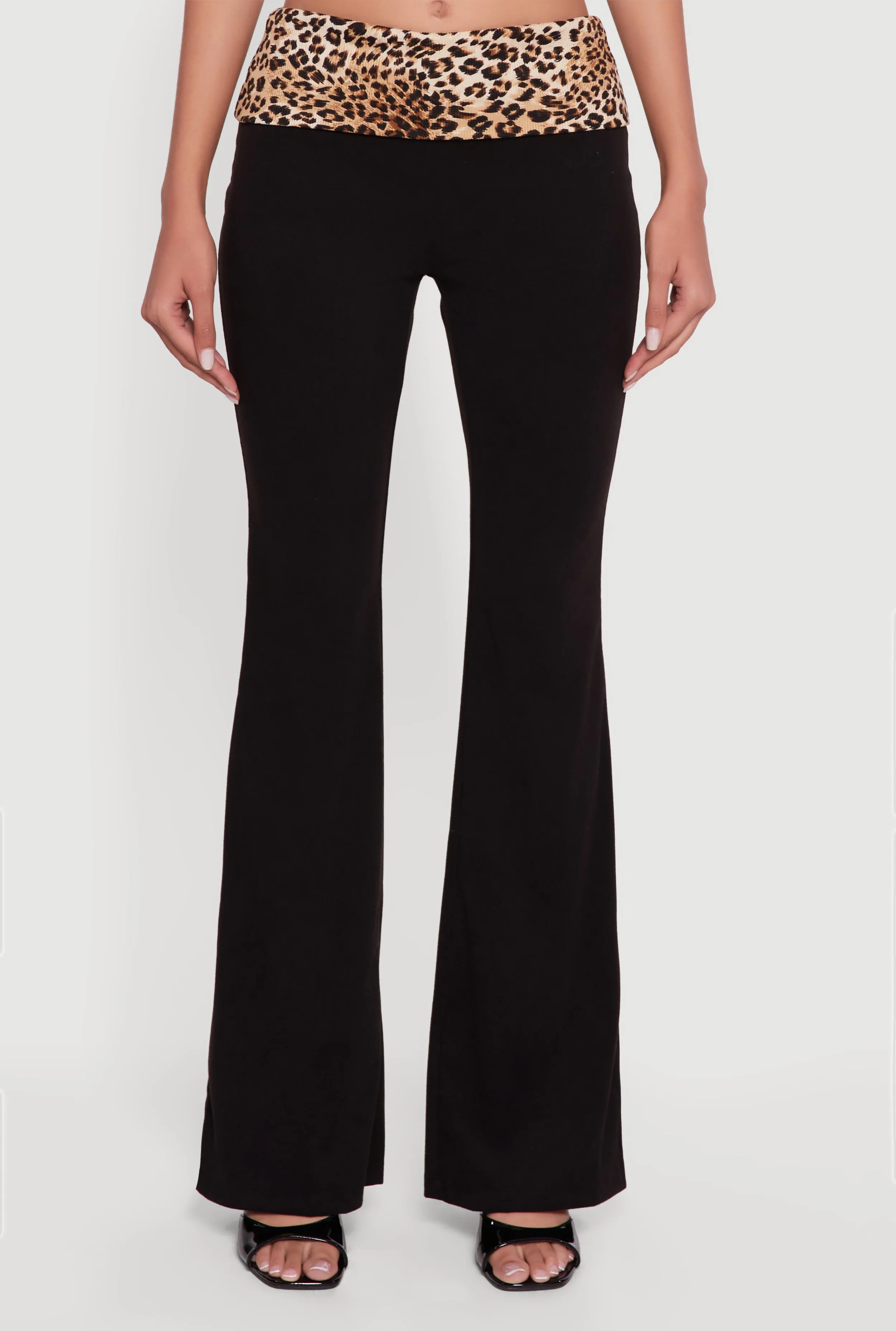 Trendy Leopard Print Fold Over Rib Knit Flare Leg Pants sold by Rainbow product image thumbnail 3