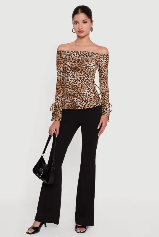 Trendy Leopard Print Fold Over Rib Knit Flare Leg Pants sold by Rainbow