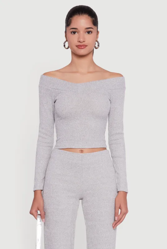 Ribbed Knit Long Sleeve Off The Shoulder Crop Top sold by Rainbow