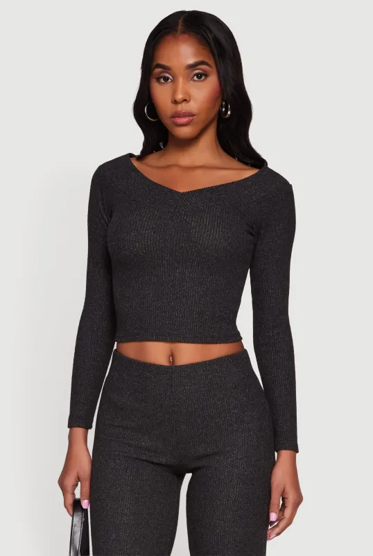 Ribbed Knit Long Sleeve Off The Shoulder Crop Top sold by Rainbow
