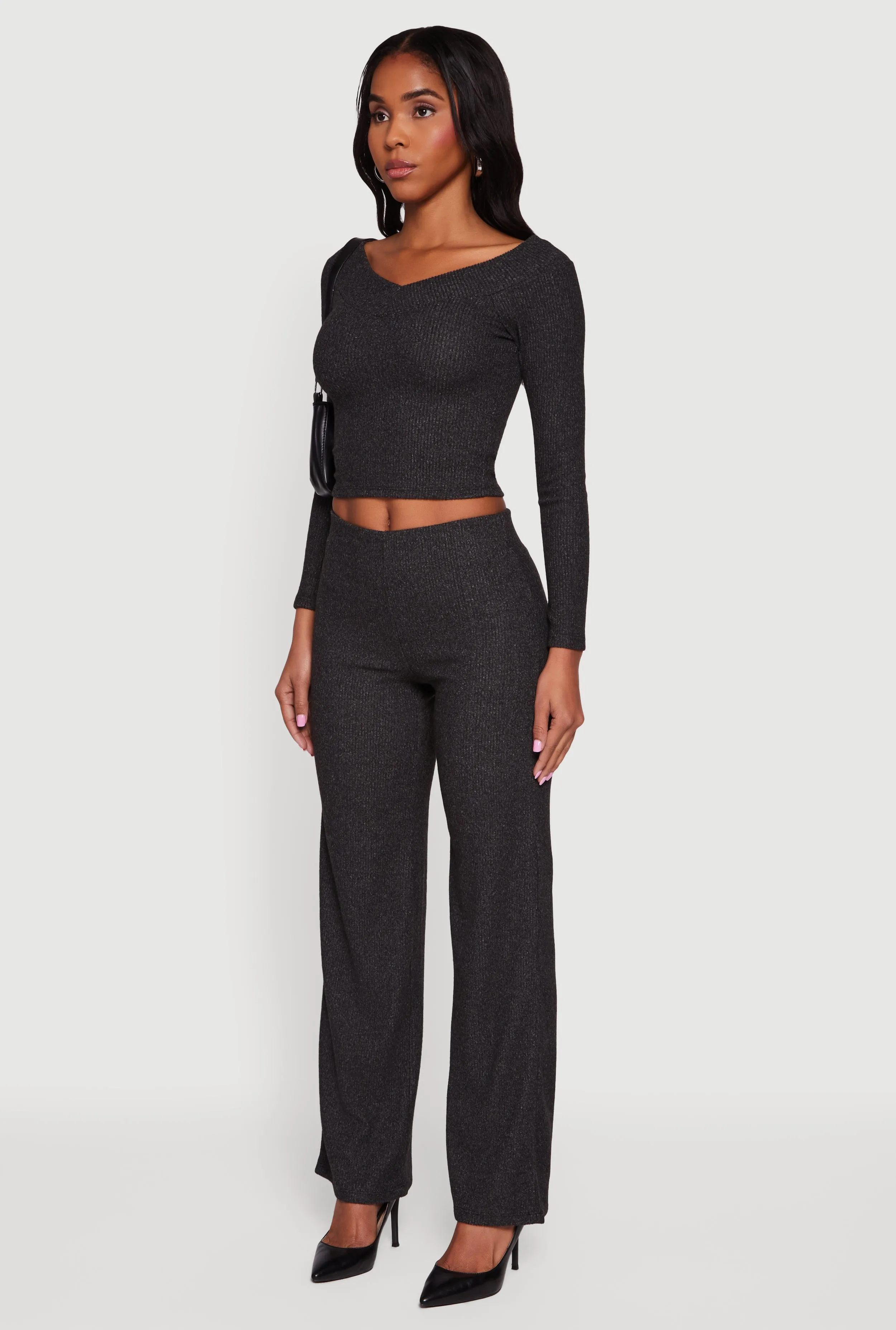 Ribbed Knit Long Sleeve Off The Shoulder Crop Top sold by Rainbow product image thumbnail 5
