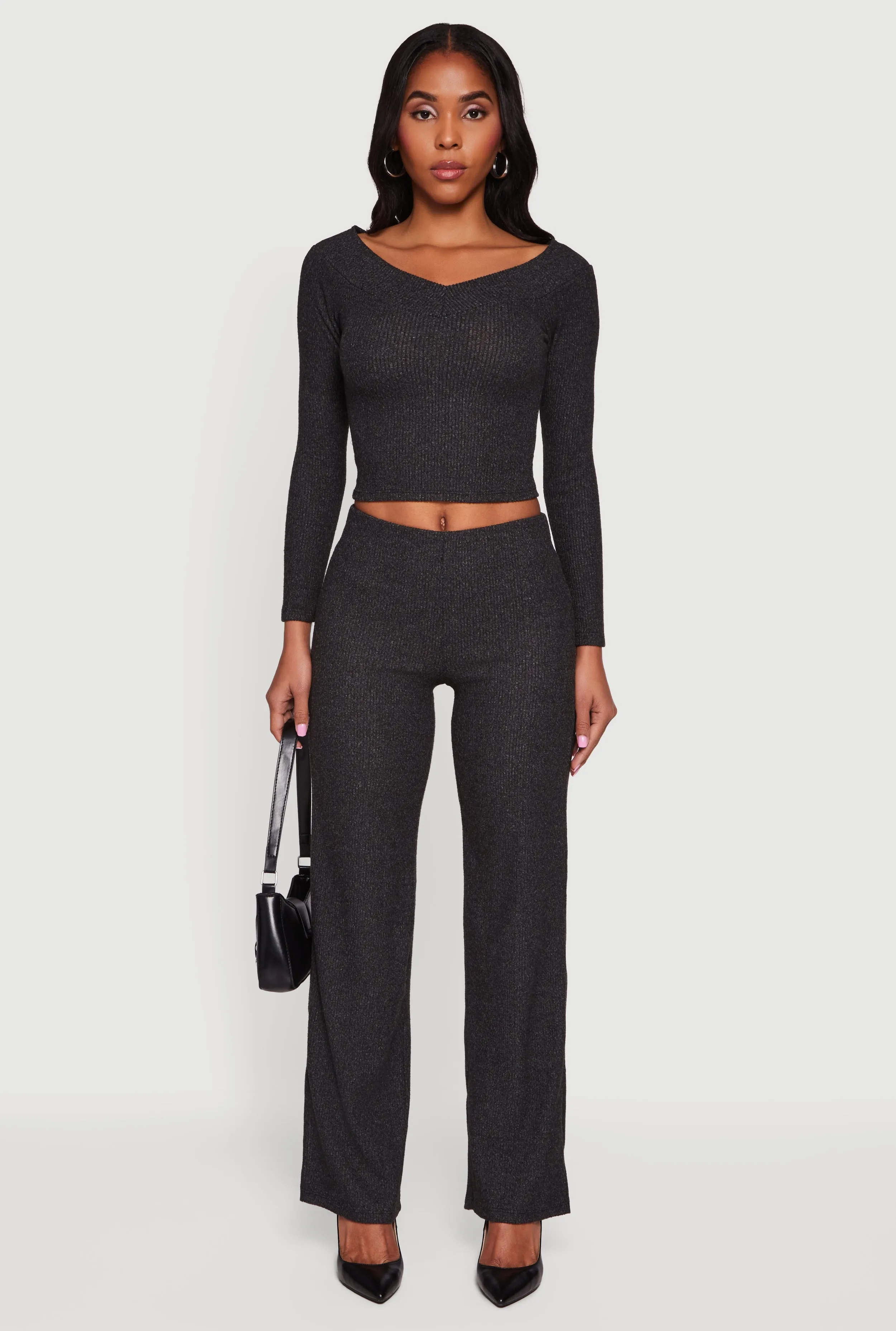 Ribbed Knit Long Sleeve Off The Shoulder Crop Top sold by Rainbow product image thumbnail 2
