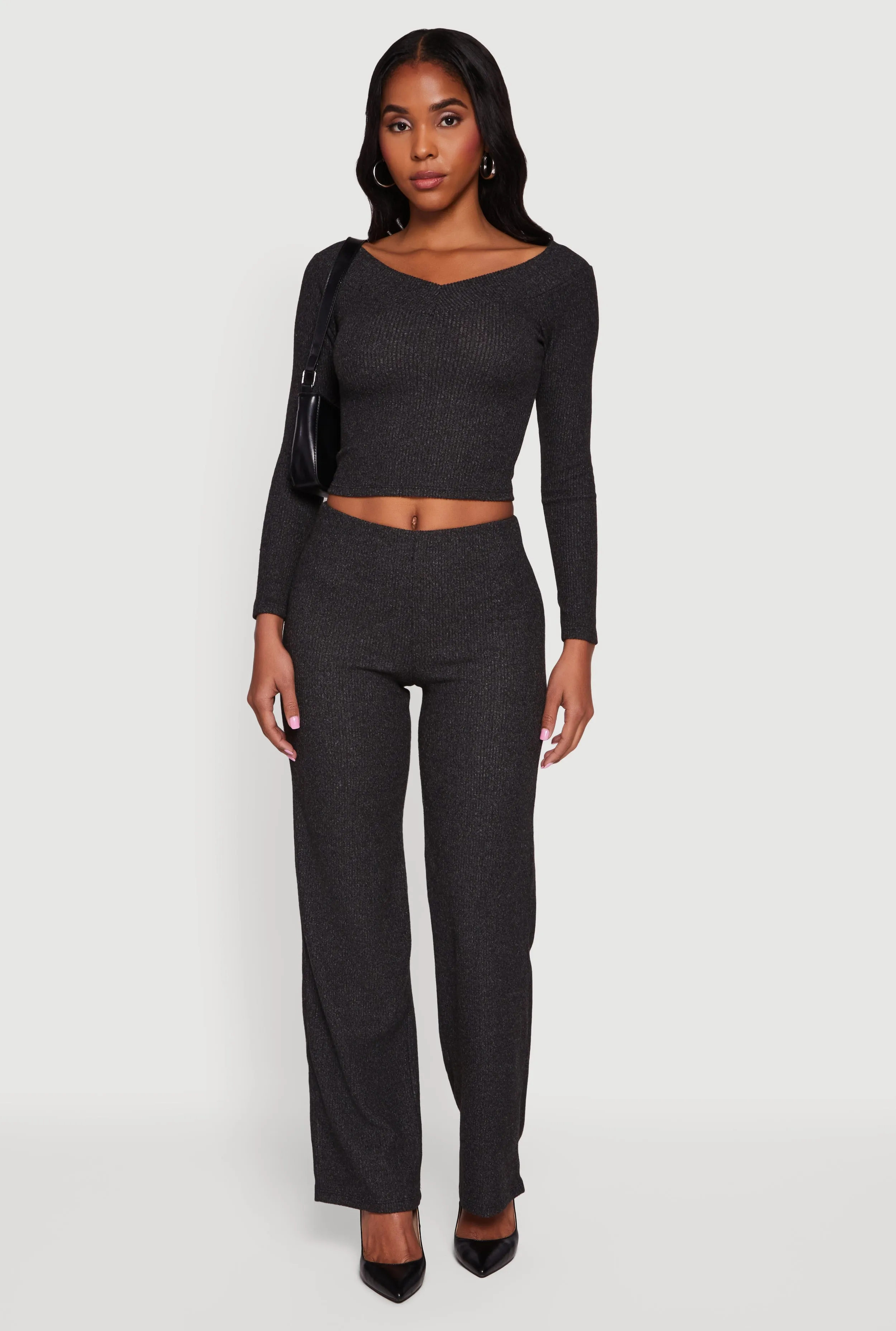 Ribbed Knit Long Sleeve Off The Shoulder Crop Top sold by Rainbow product image thumbnail 3